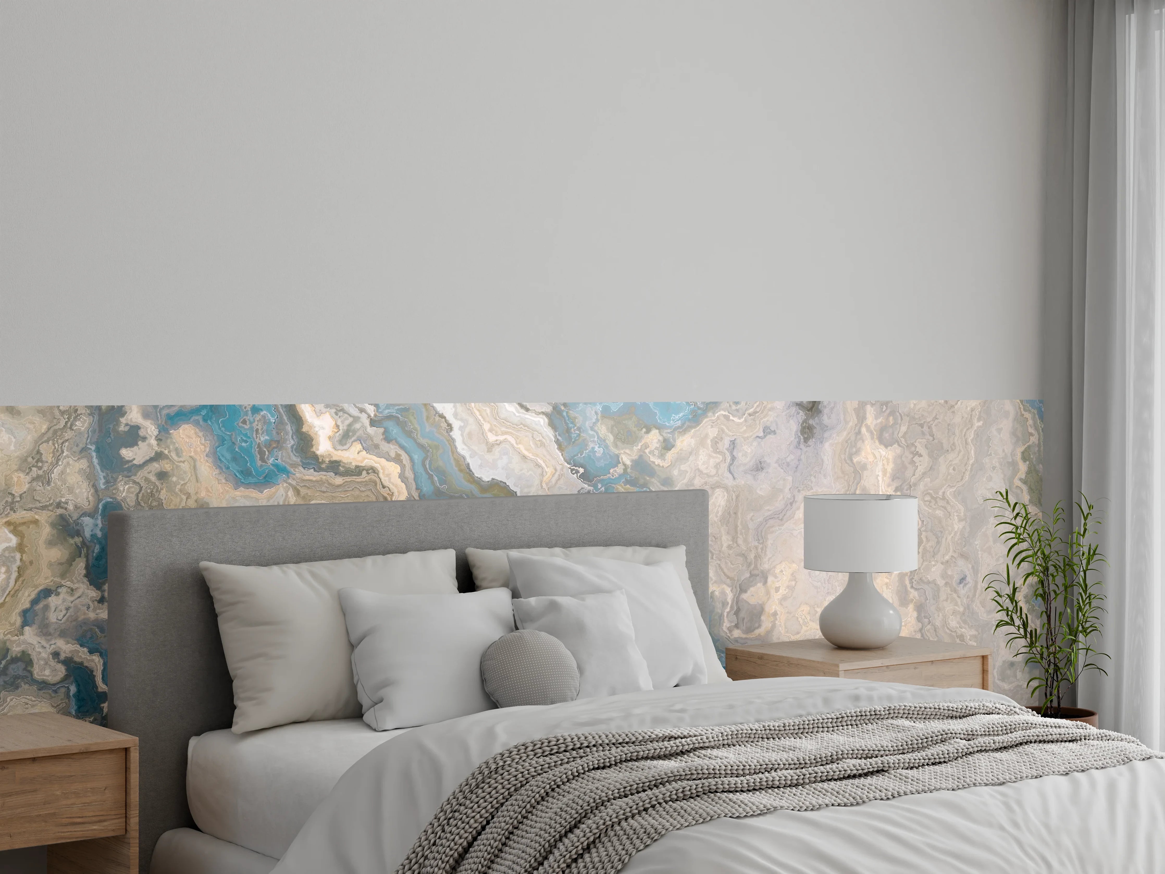 Wandverkleidung Schlafzimmer - Elegante Marmoroptik in Beige und Blau