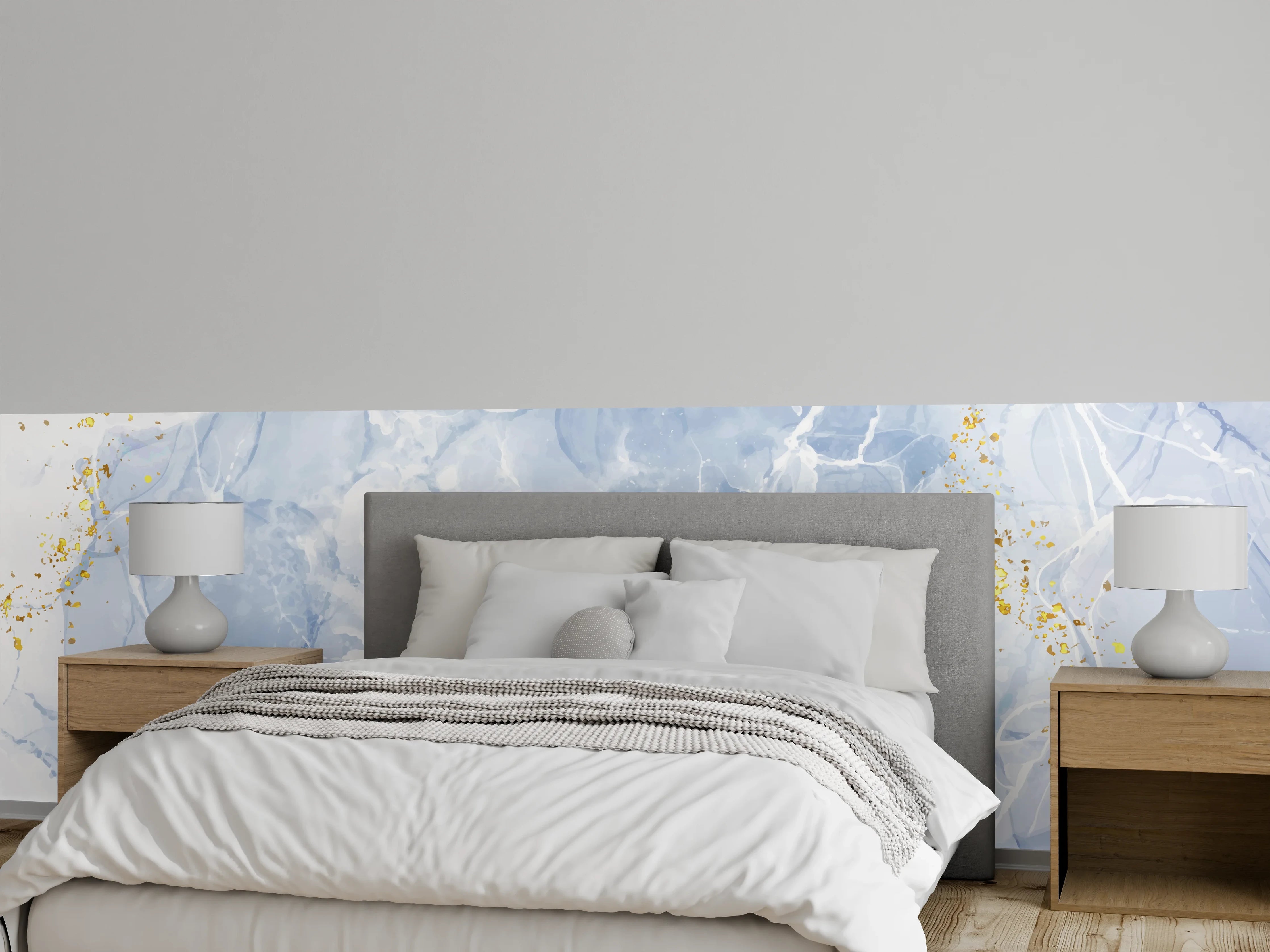 Wandverkleidung Schlafzimmer - Elegante Marmoroptik in Blau-Weiß mit Gold