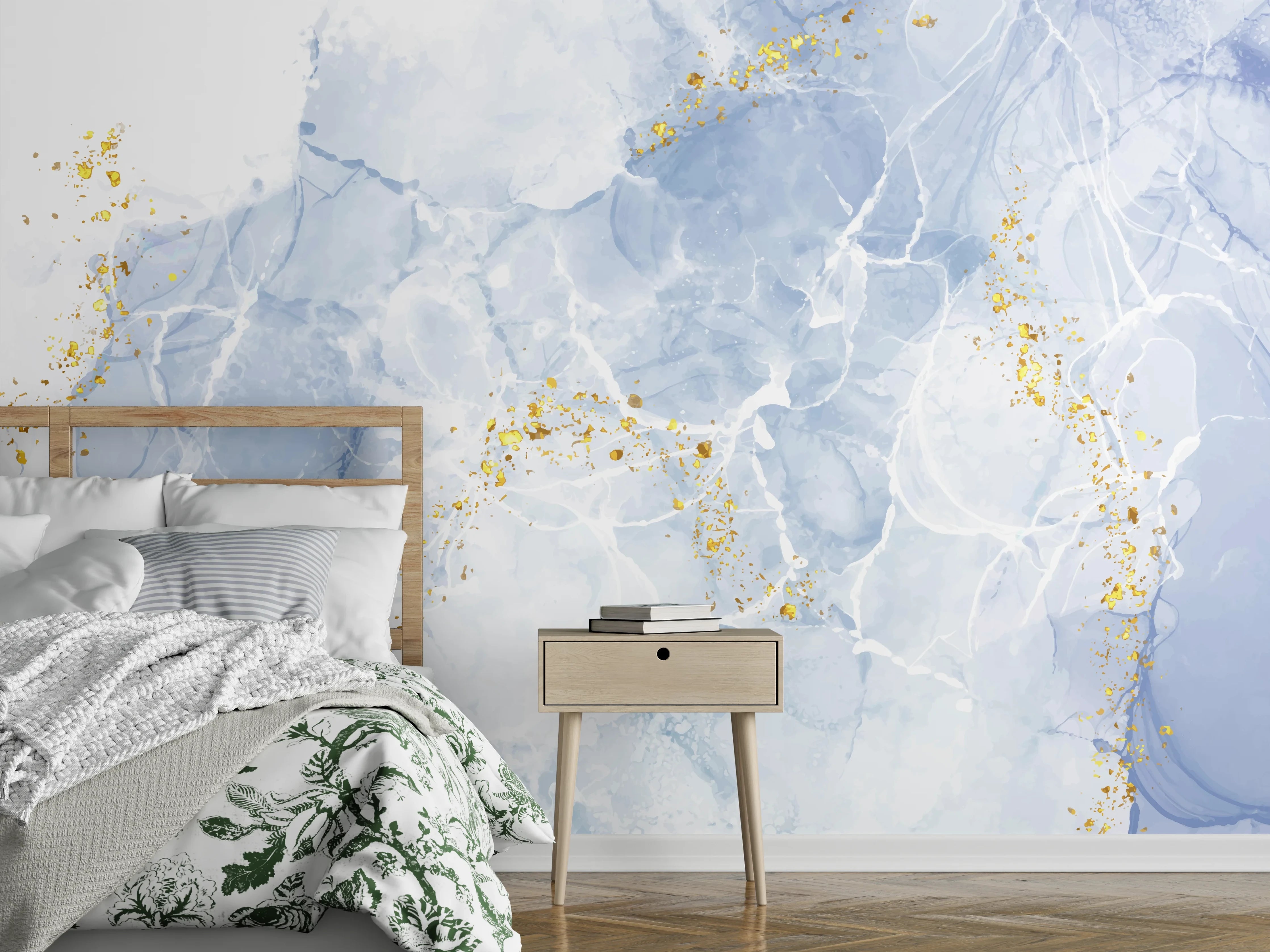 Wandverkleidung Schlafzimmer - Elegante Marmoroptik in Blau-Weiß mit Gold