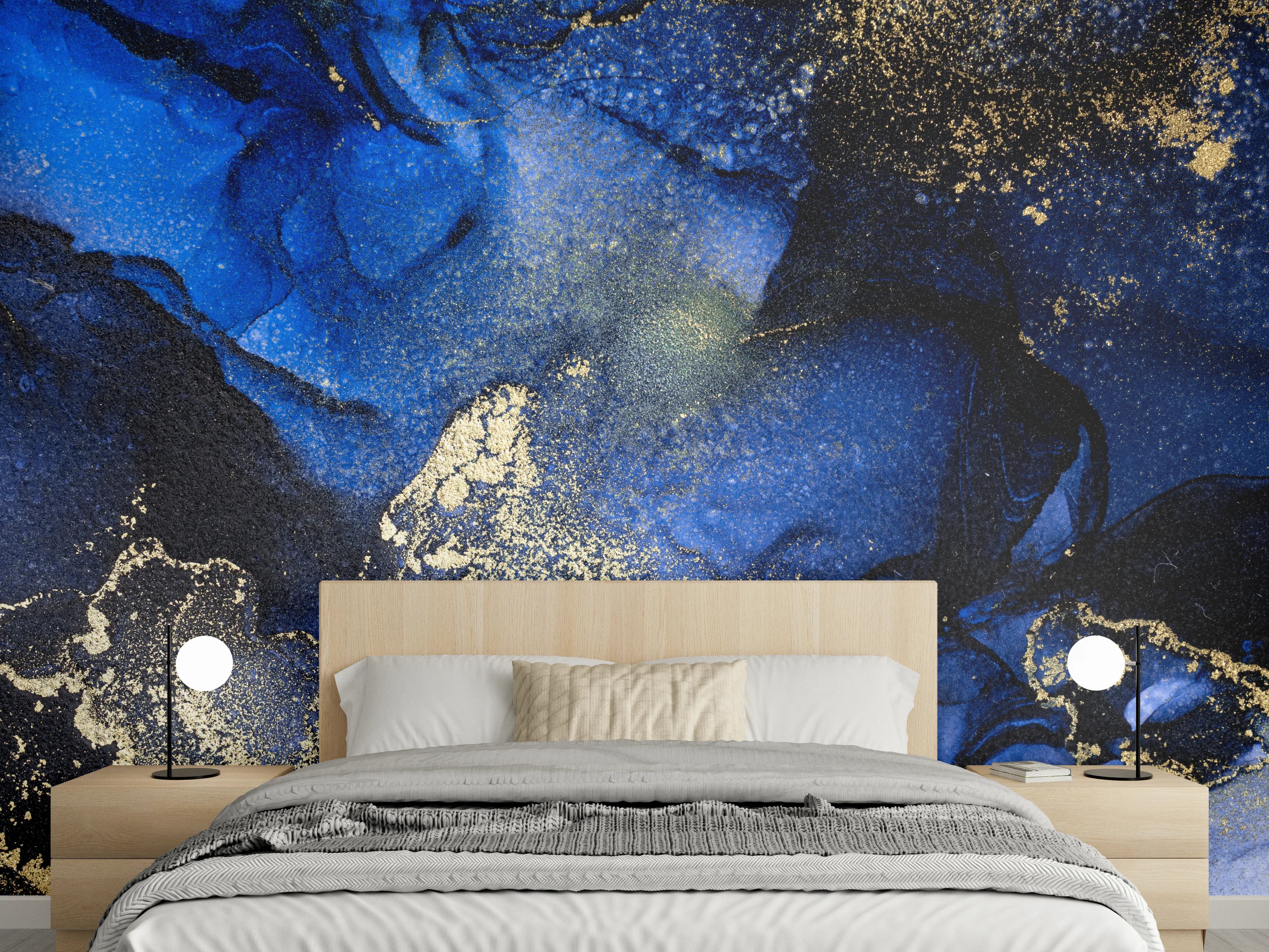 Wandverkleidung Schlafzimmer - Elegante Marmoroptik in Blau und Gold