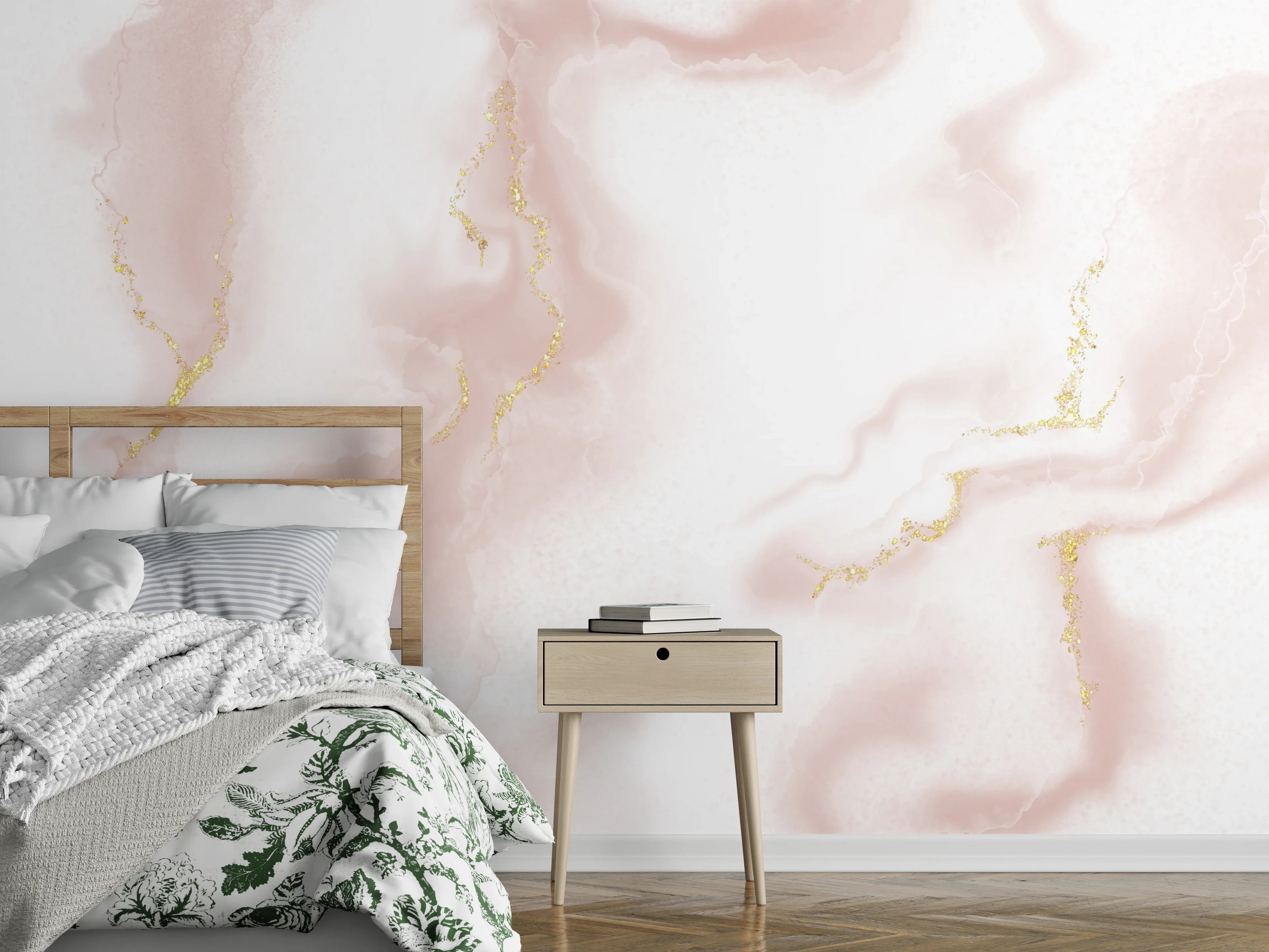 Wandverkleidung Schlafzimmer - Elegante Marmoroptik in Rosé und Gold