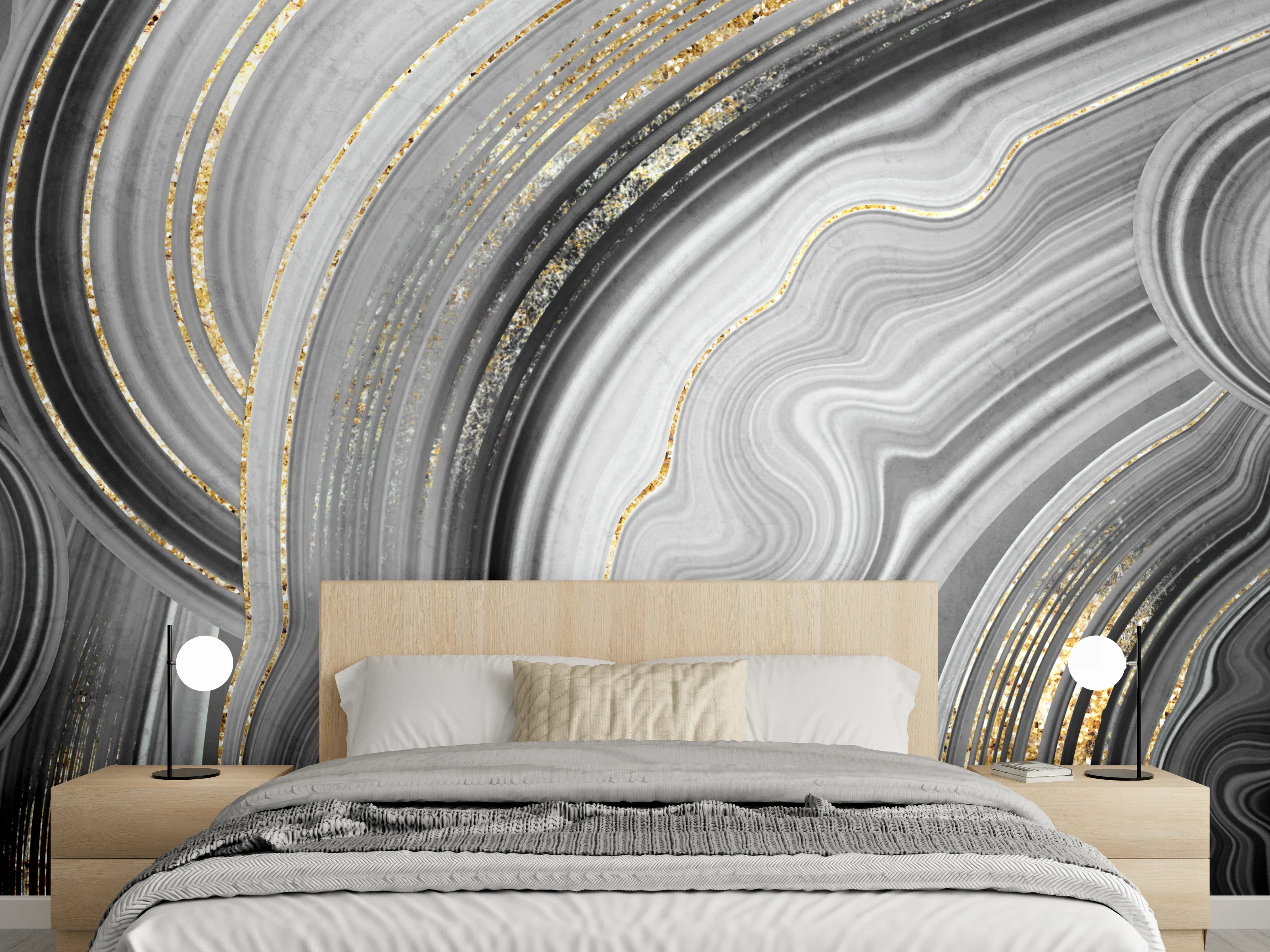 Wandverkleidung Schlafzimmer - Elegante Marmoroptik mit Goldakzenten
