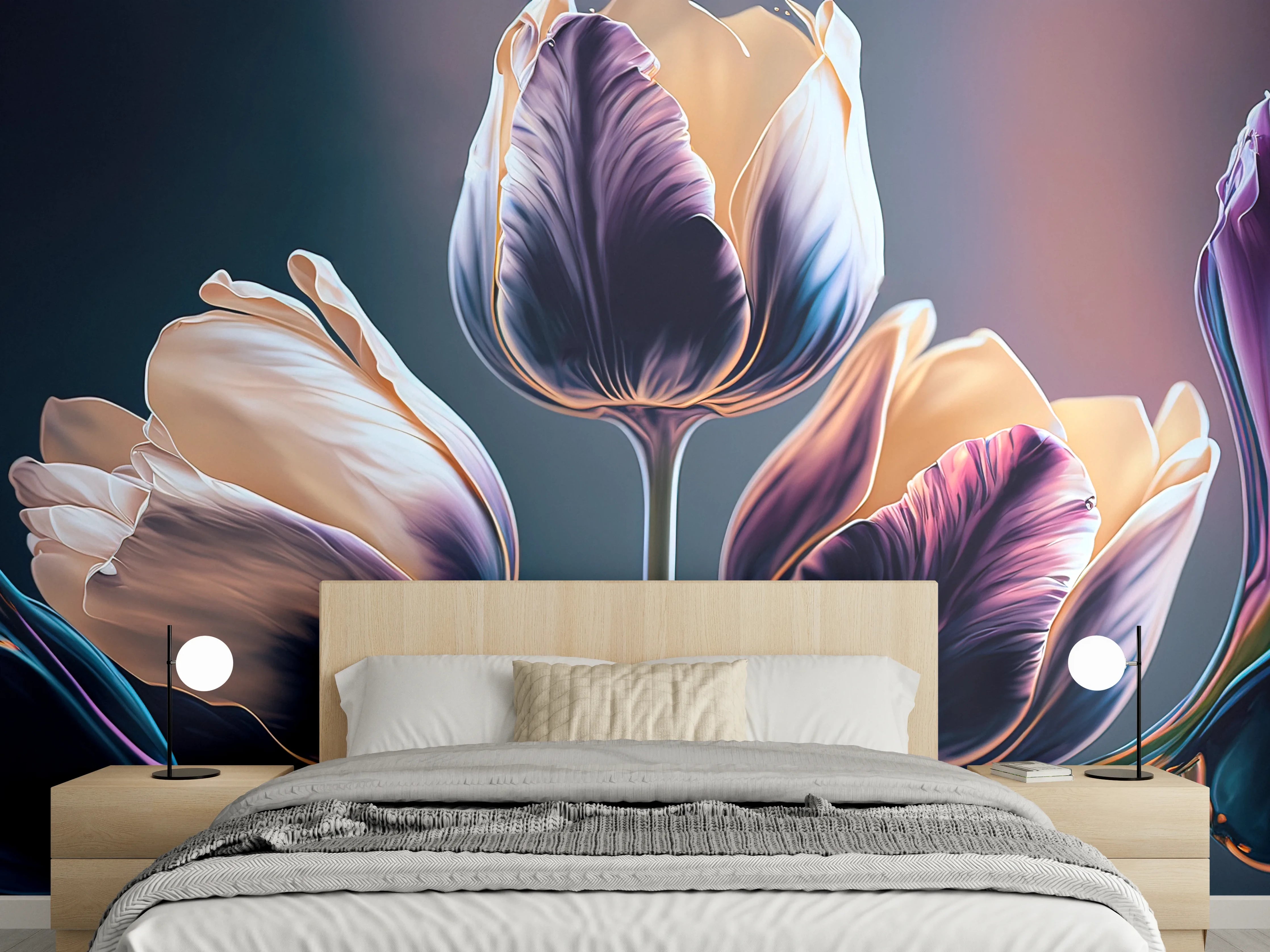 Wandverkleidung Schlafzimmer - Elegante Tulpen in sanften Blautönen