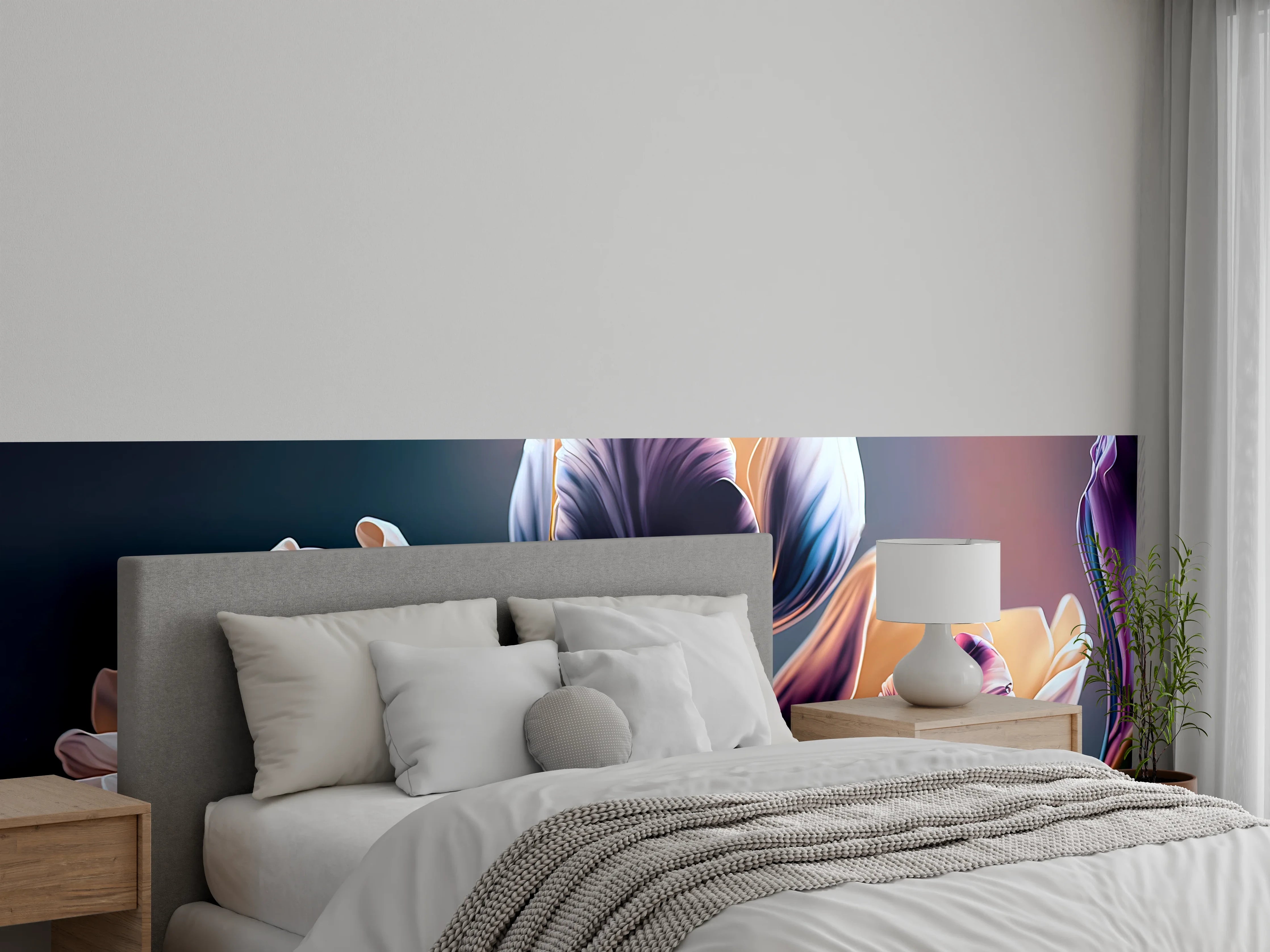 Wandverkleidung Schlafzimmer - Elegante Tulpen in sanften Blautönen