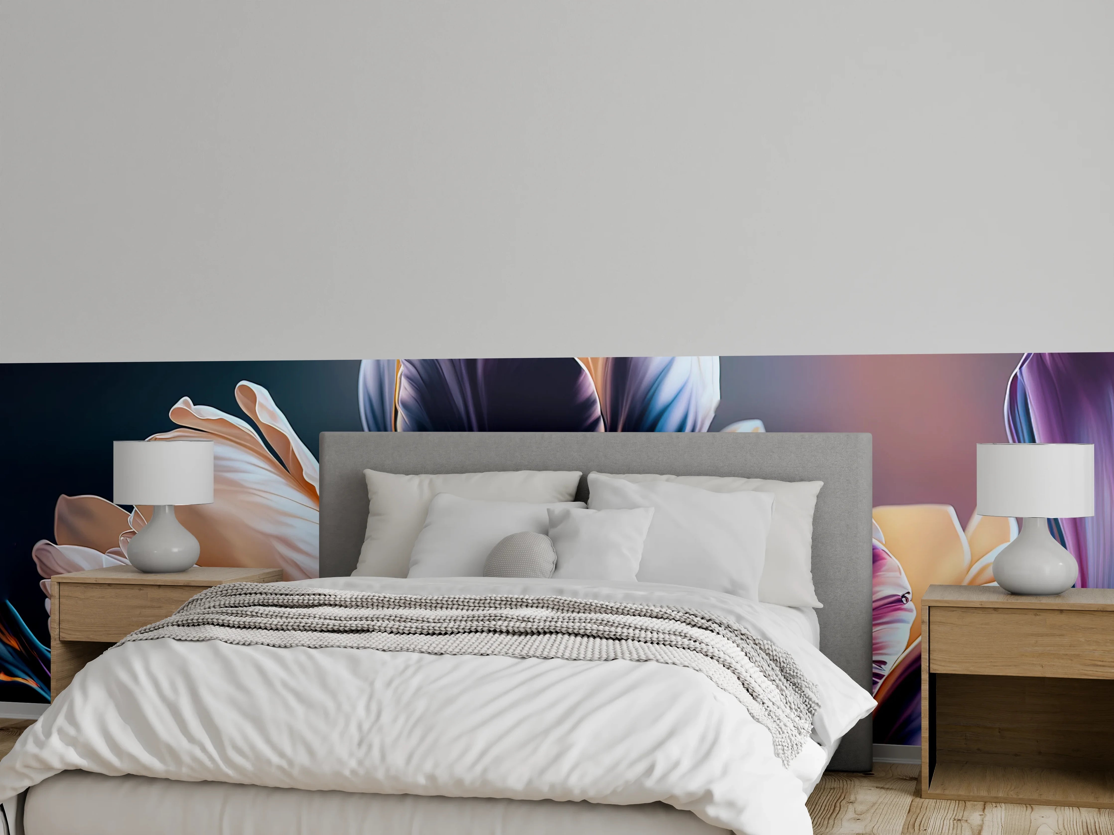 Wandverkleidung Schlafzimmer - Elegante Tulpen in sanften Blautönen