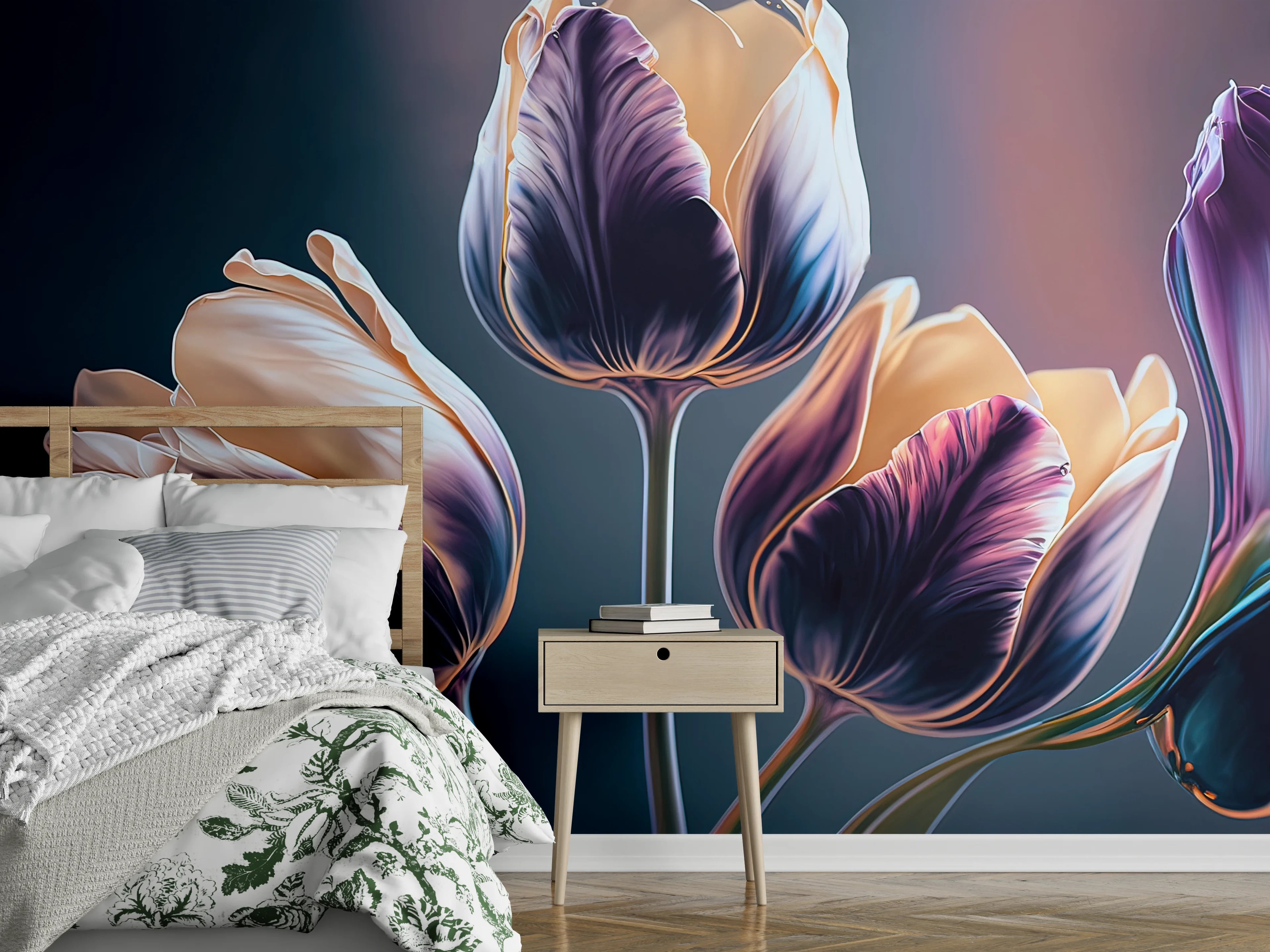 Wandverkleidung Schlafzimmer - Elegante Tulpen in sanften Blautönen