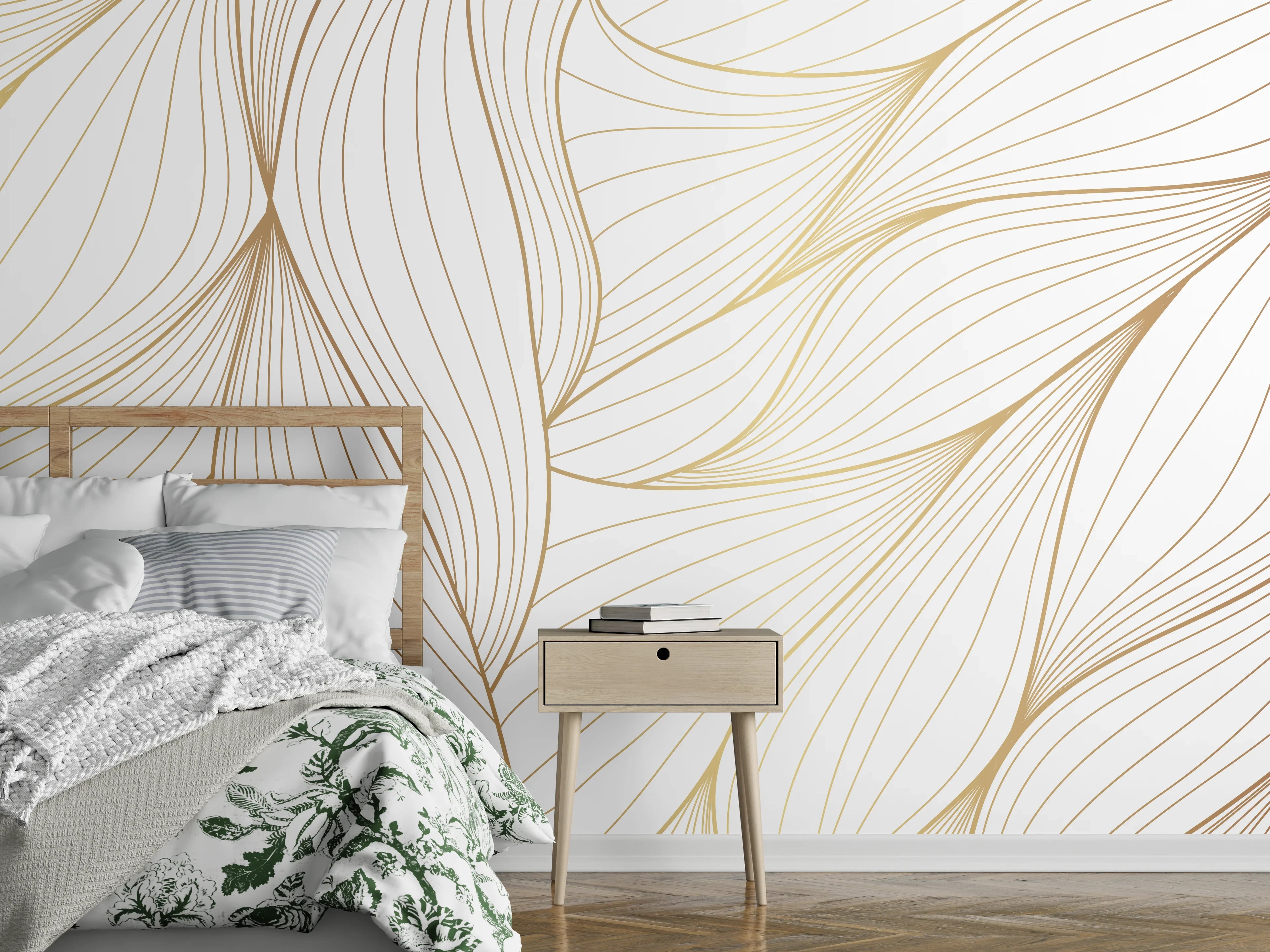 Wandverkleidung Schlafzimmer - Elegante Weiß-Beige Wellenlinien