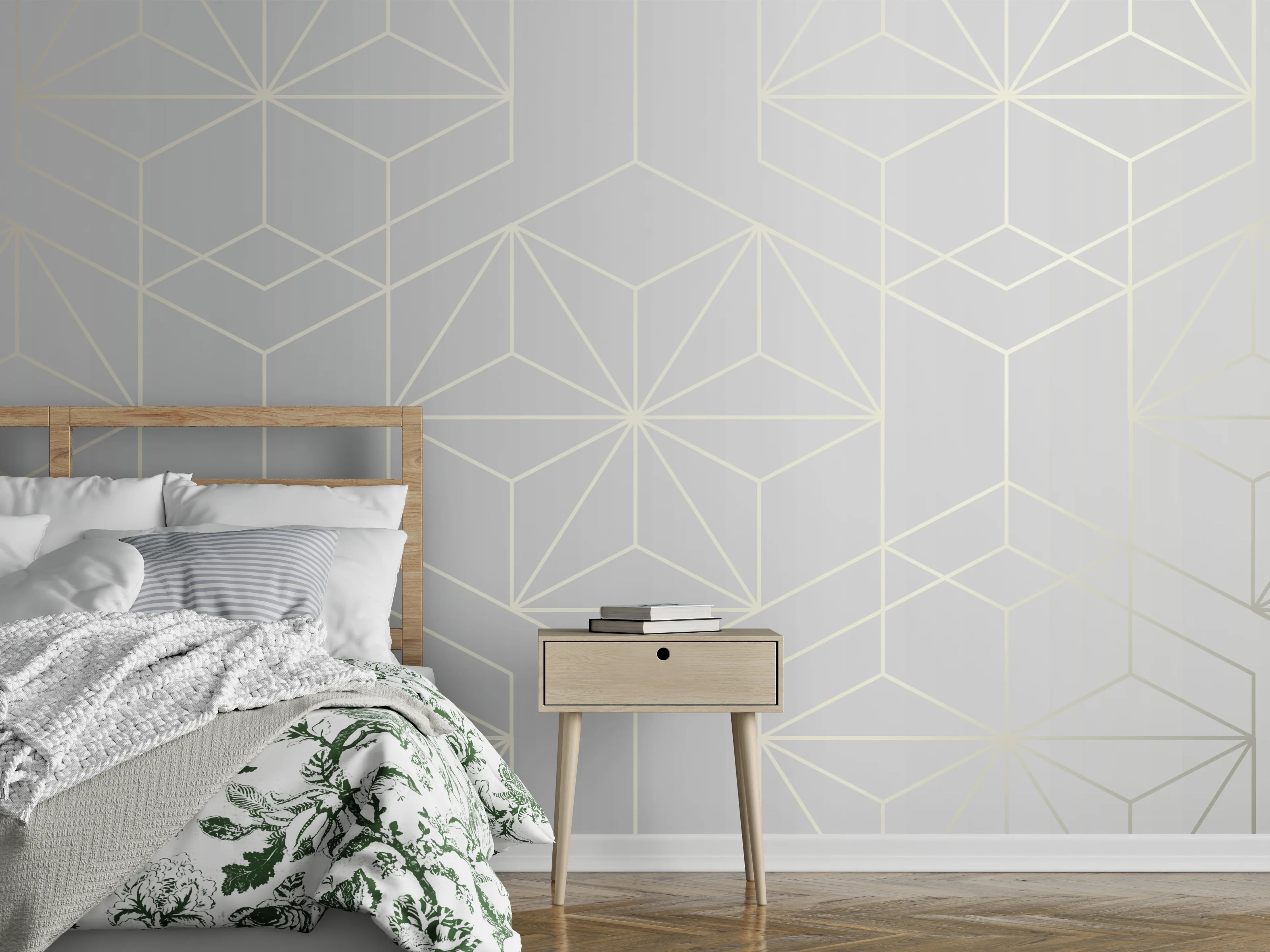 Wandverkleidung Schlafzimmer - Elegante Weiß-Grau-Geometrie