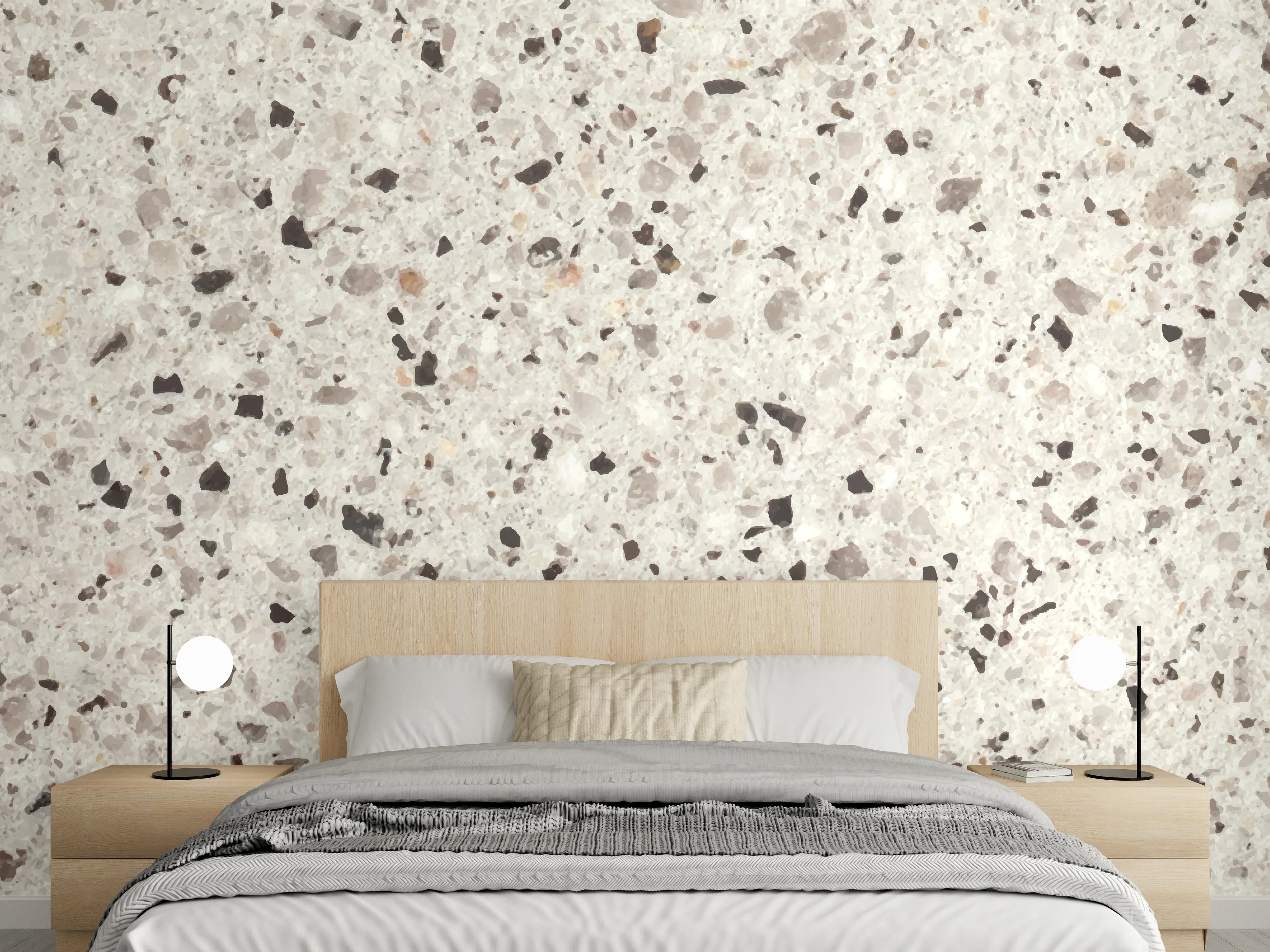 Wandverkleidung Schlafzimmer - Elegante Weiß-Grau Terrazzo-Optik