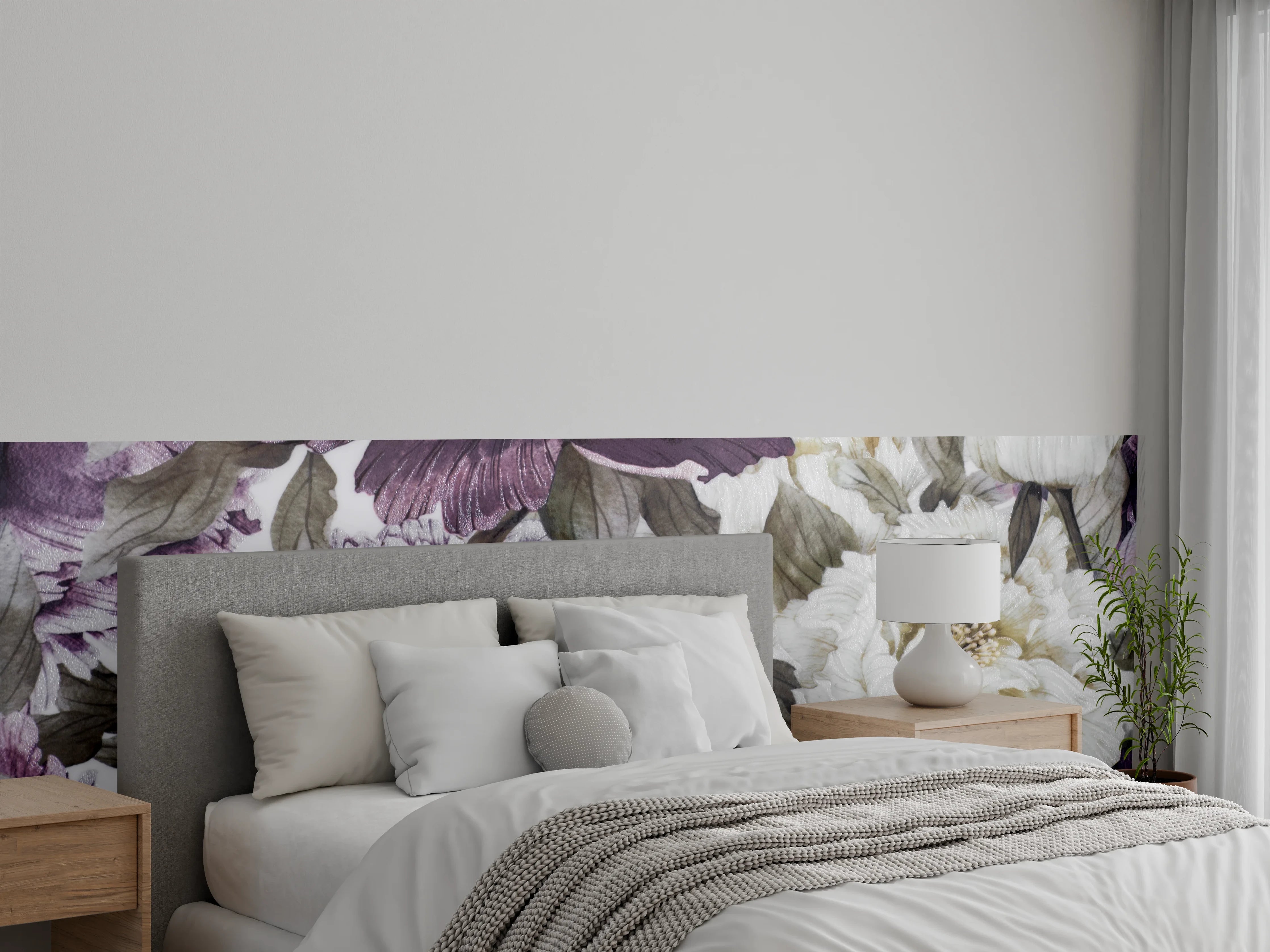 Wandverkleidung Schlafzimmer - Elegante lila-weiße Blüten Aquarell