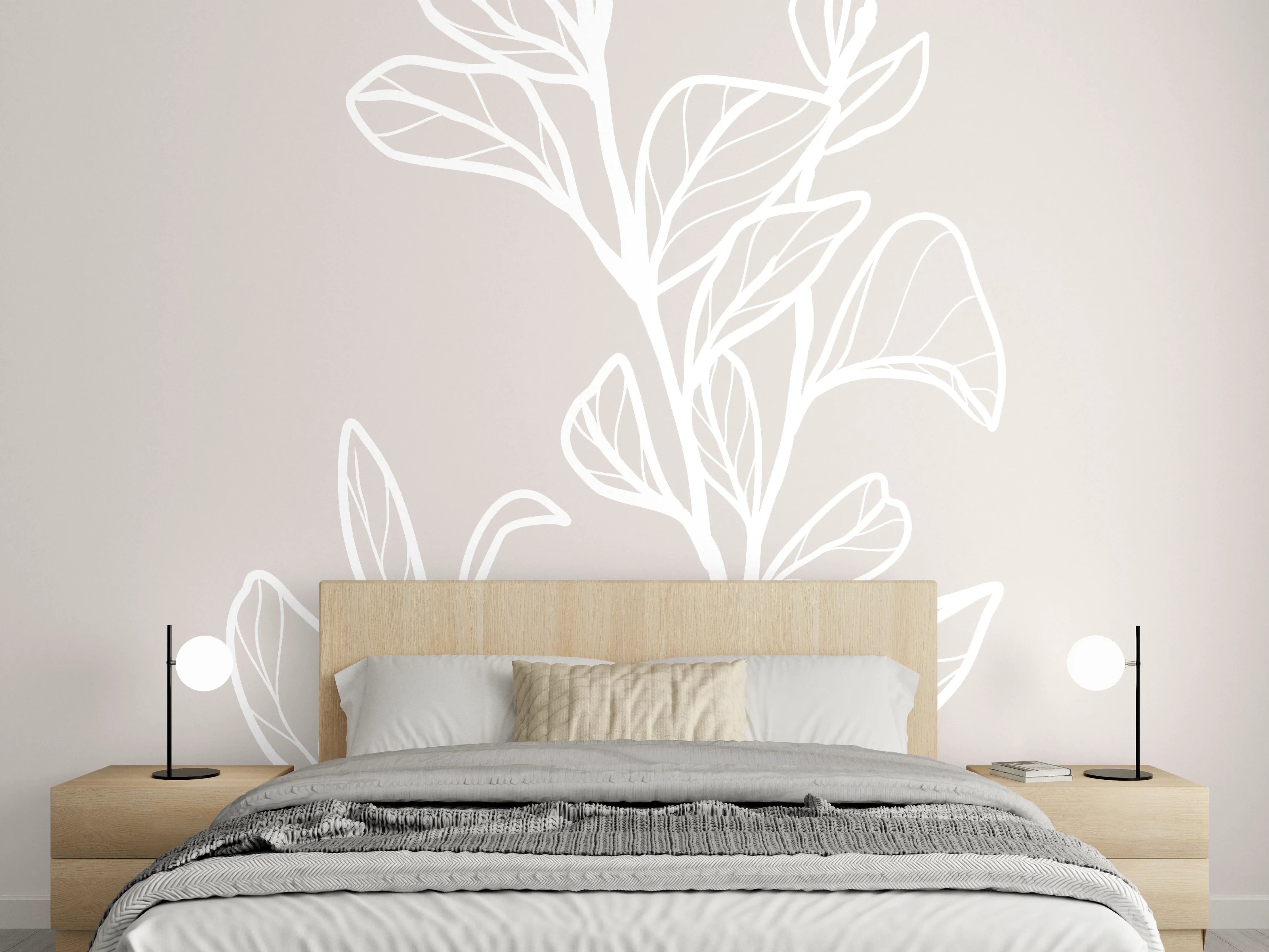 Wandverkleidung Schlafzimmer - Elegante weiße Lineart Pflanze Beige