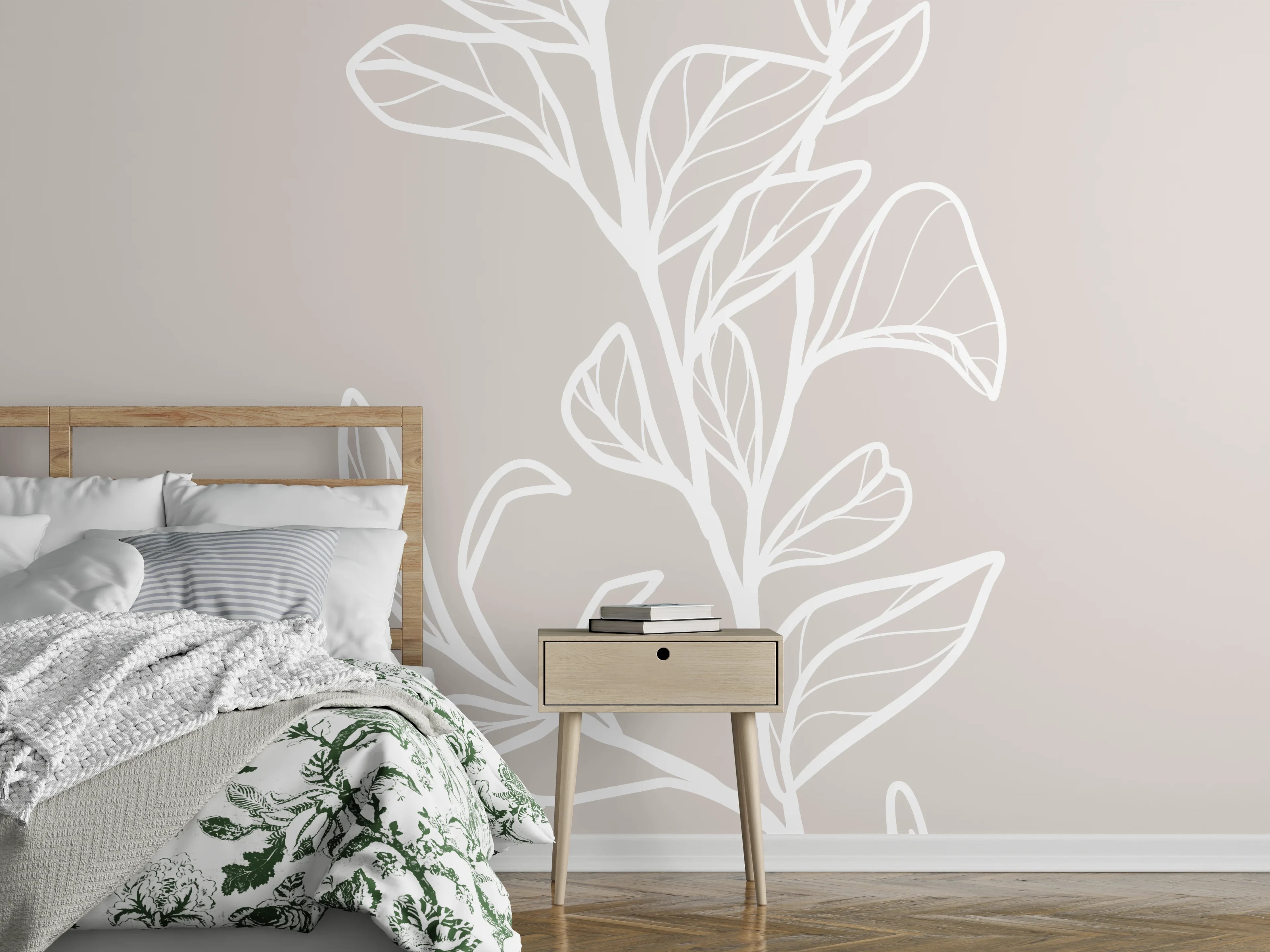 Wandverkleidung Schlafzimmer - Elegante weiße Lineart Pflanze Beige