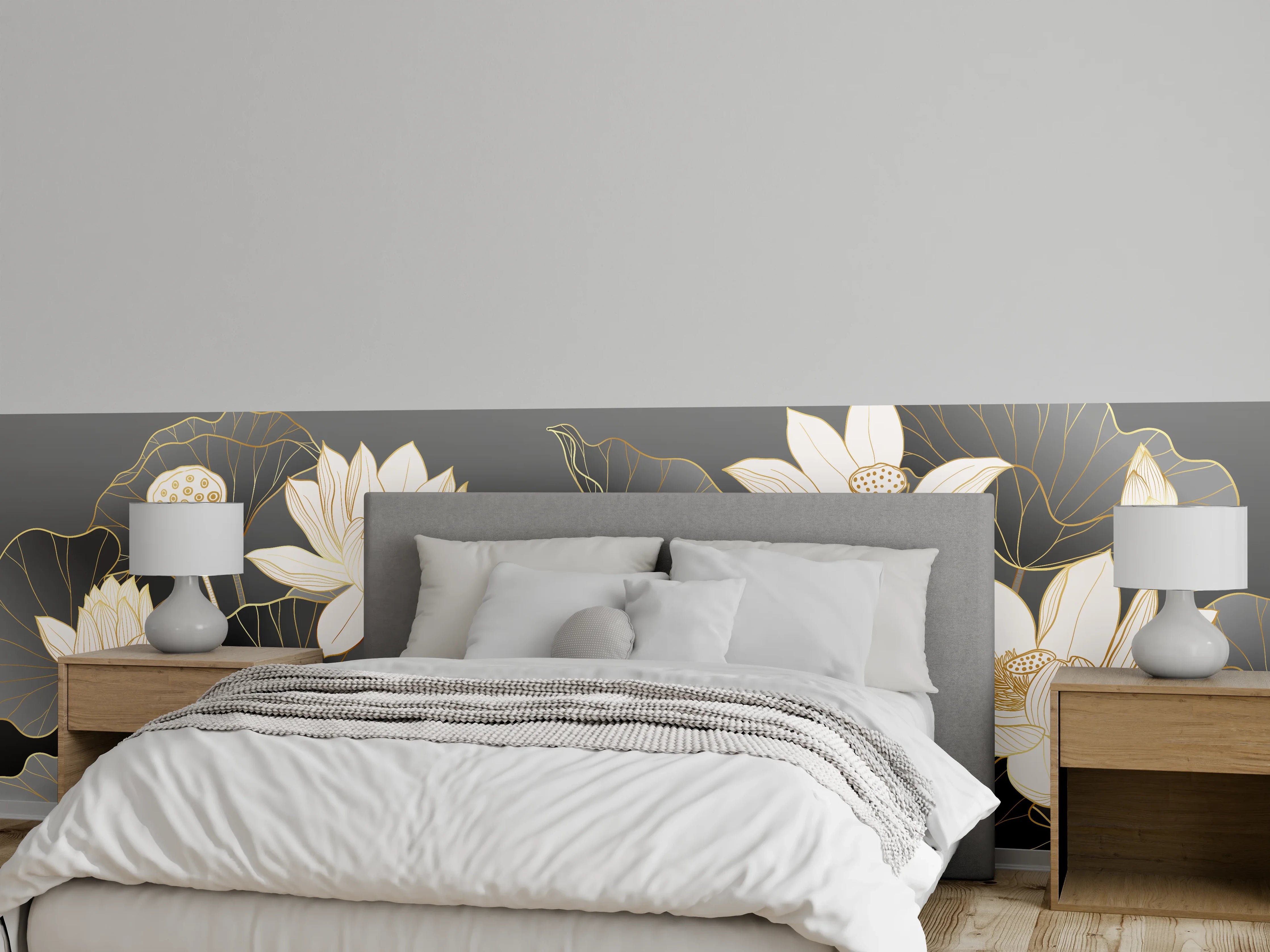Wandverkleidung Schlafzimmer - Elegante weiße Lotusblüten Lineart