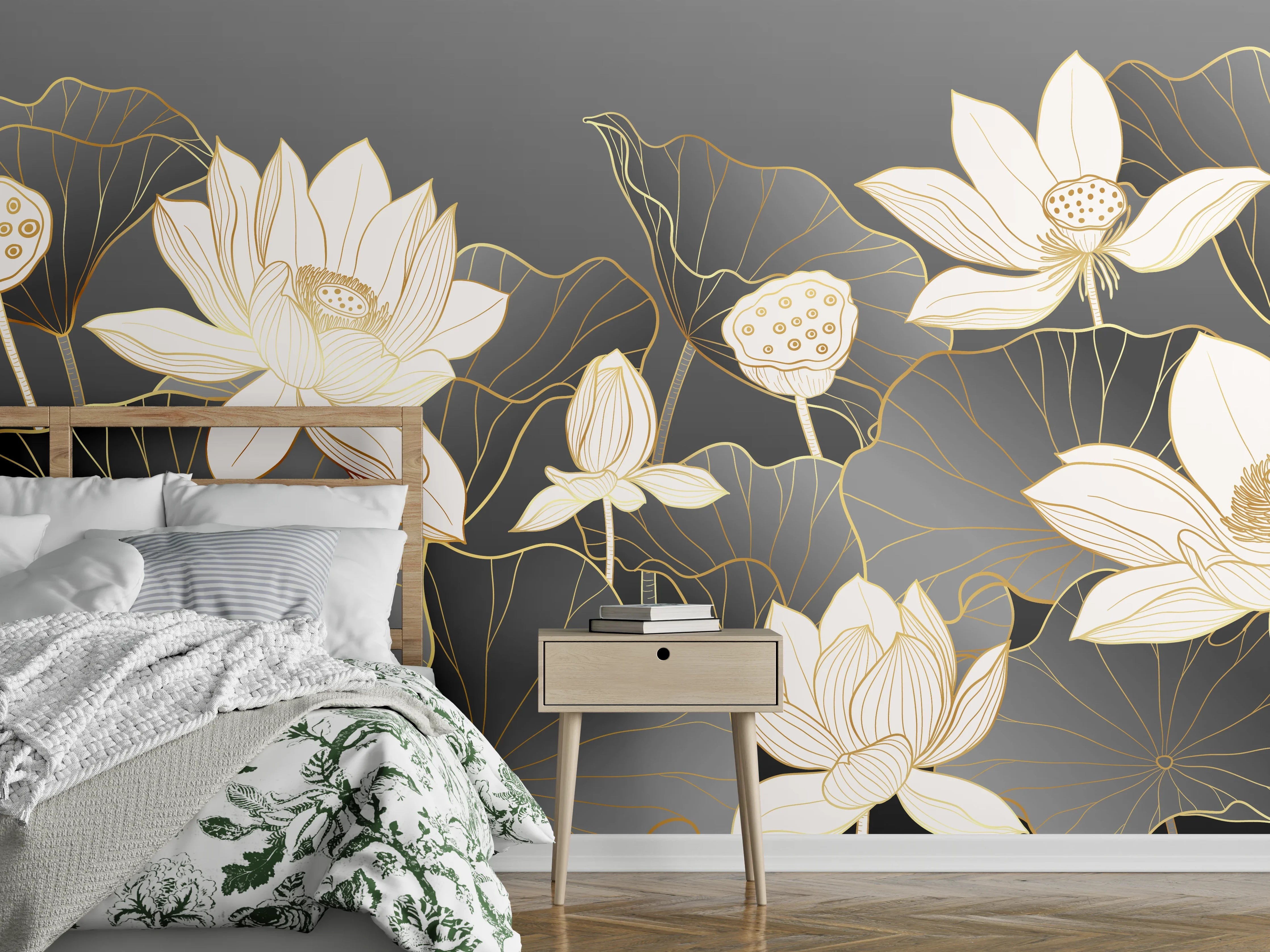 Wandverkleidung Schlafzimmer - Elegante weiße Lotusblüten Lineart