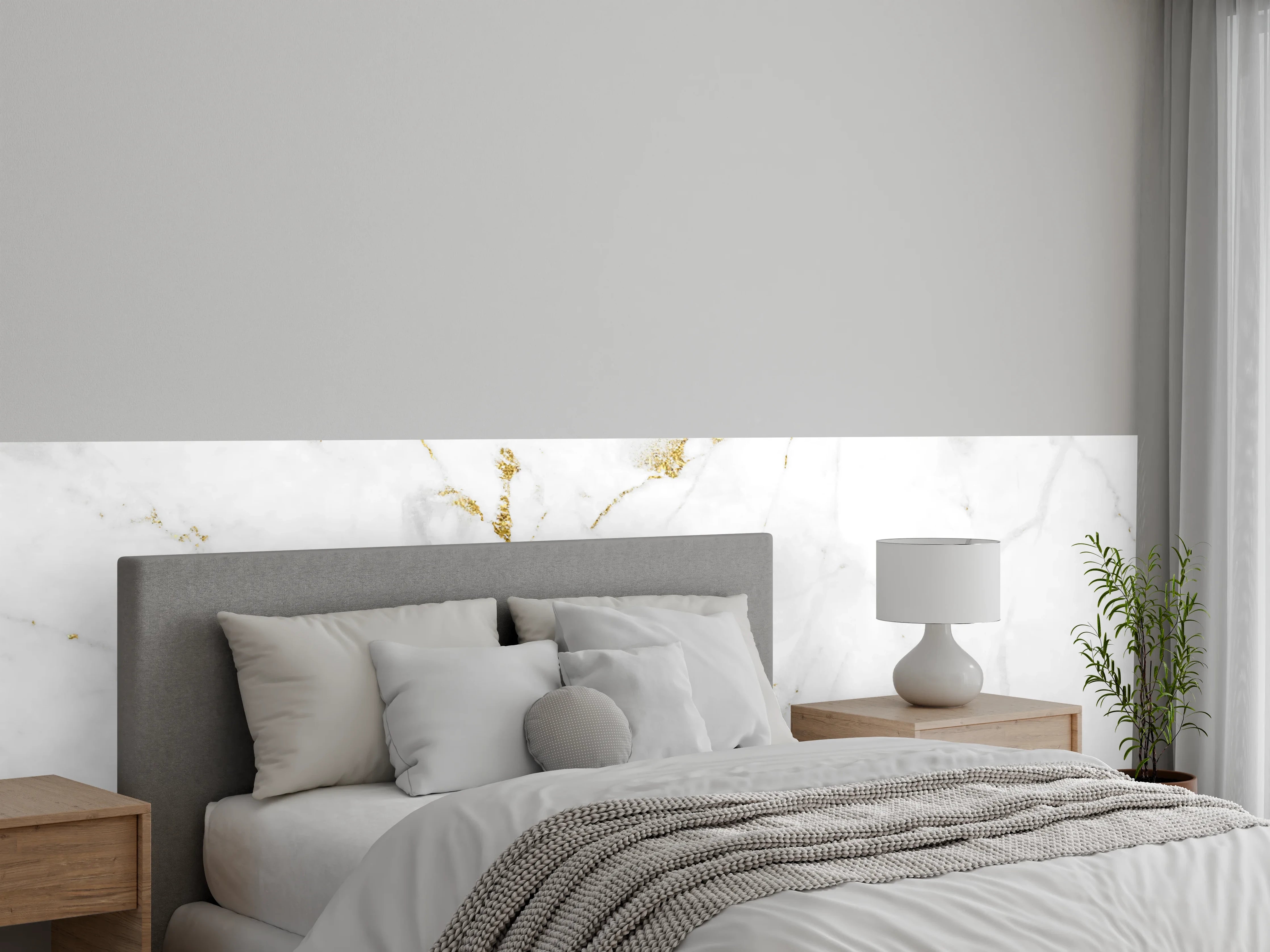 Wandverkleidung Schlafzimmer - Elegante weiße Marmor-Textur mit goldenen Akzenten