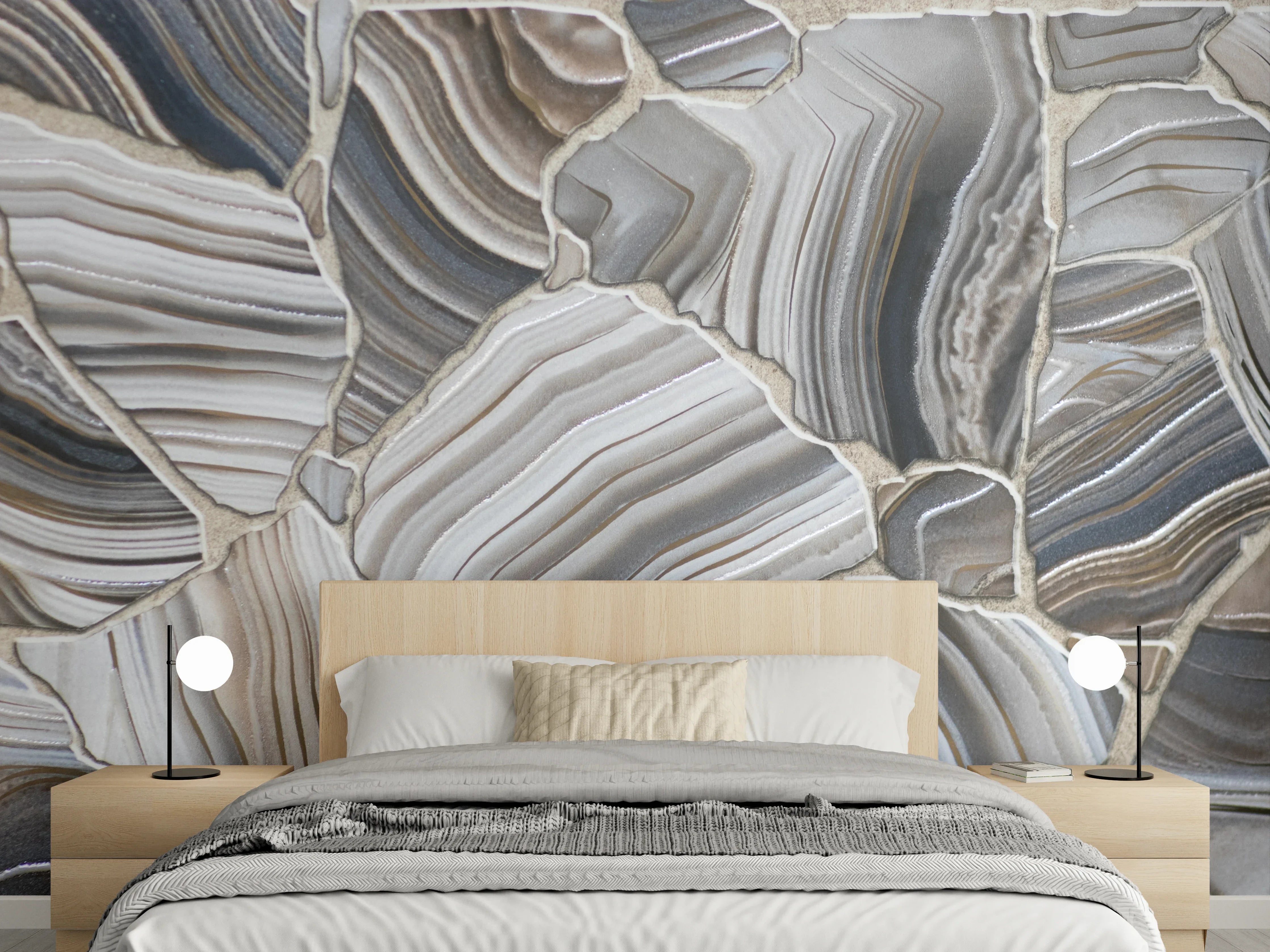 Wandverkleidung Schlafzimmer - Eleganter Achat-Look: Grautöne & Naturstruktur