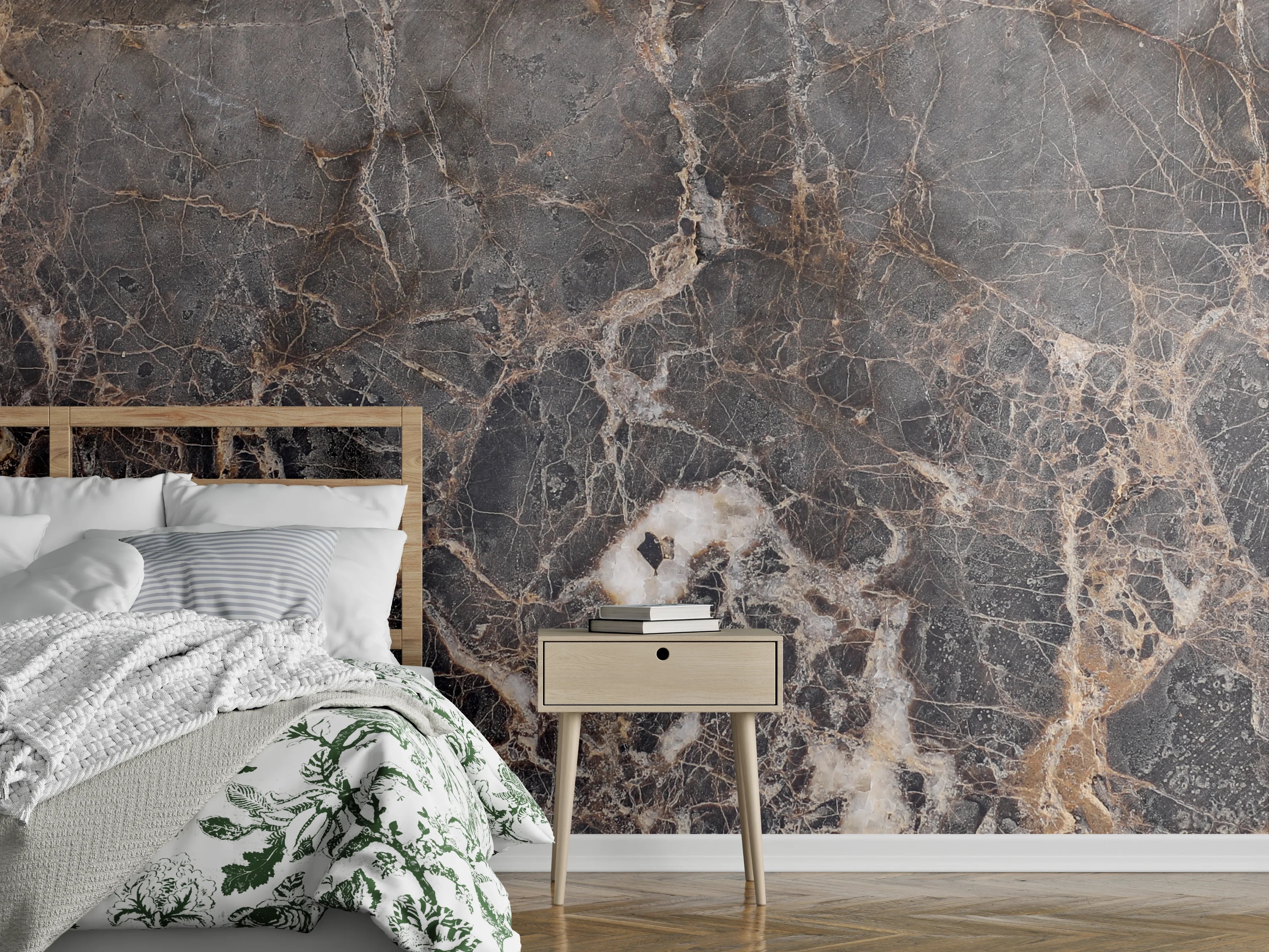 Wandverkleidung Schlafzimmer - Eleganter Marmor-Look in Braun-Grau