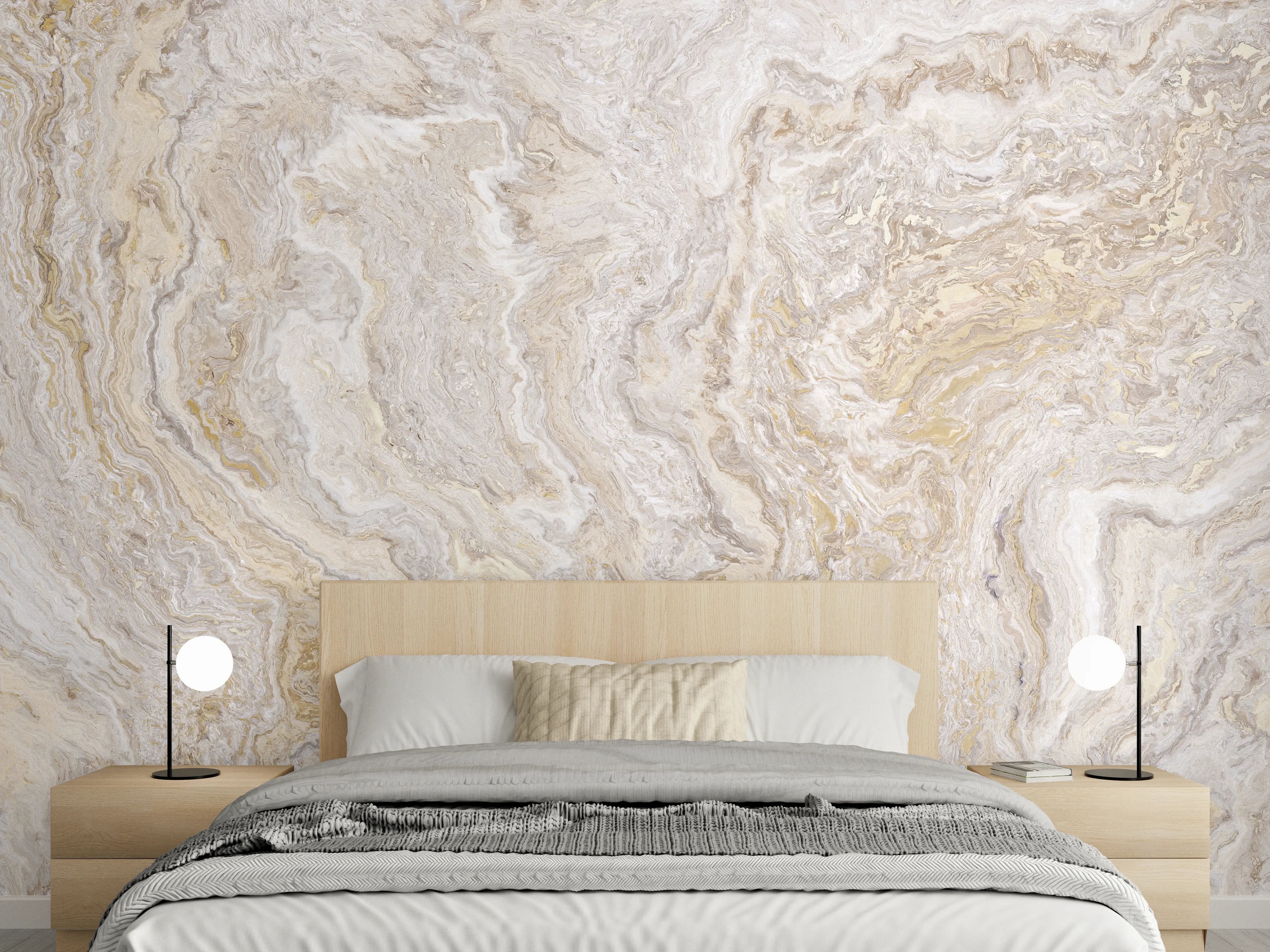 Wandverkleidung Schlafzimmer - Eleganter Marmor-Look in Creme und Grau