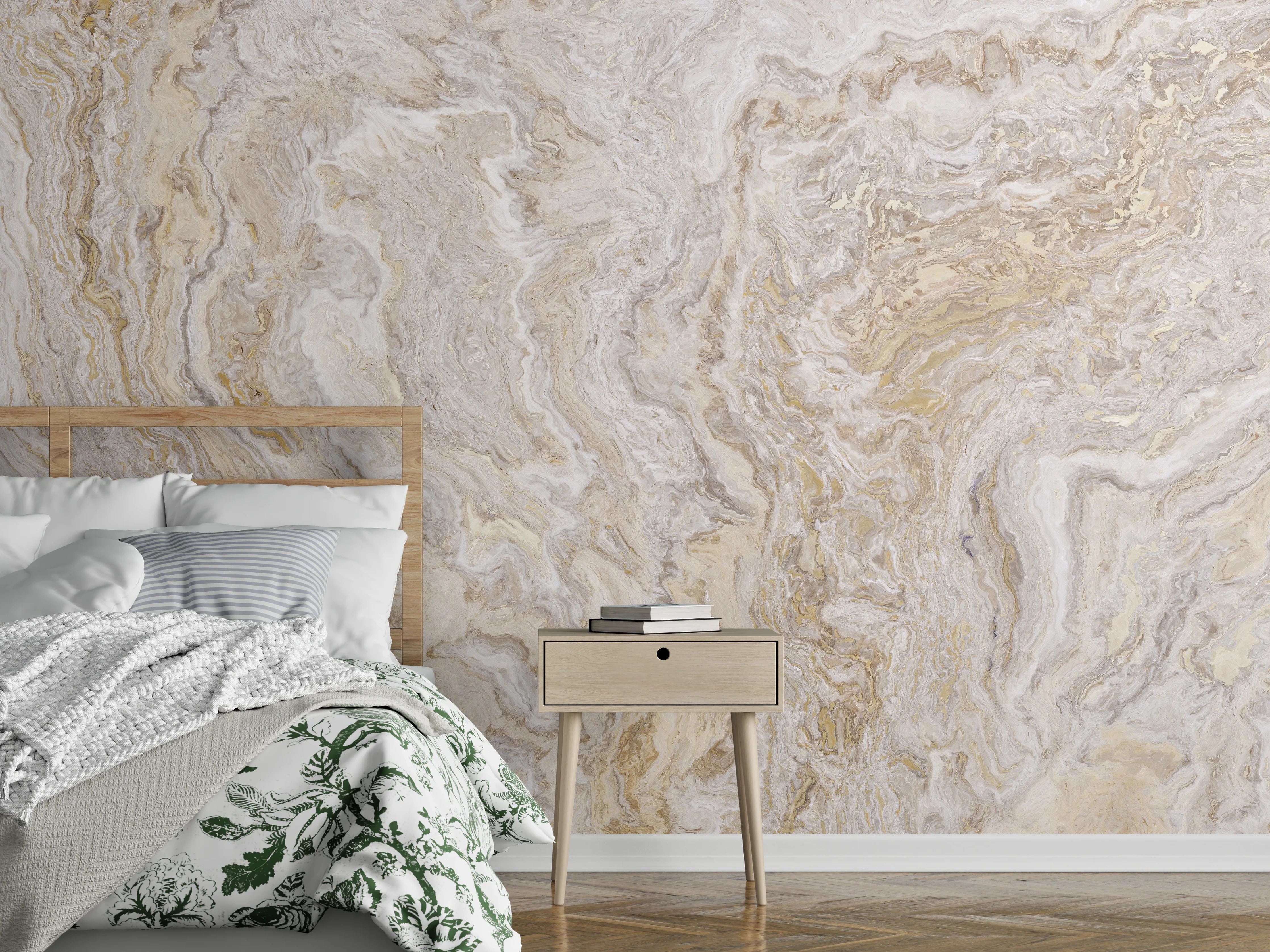 Wandverkleidung Schlafzimmer - Eleganter Marmor-Look in Creme und Grau
