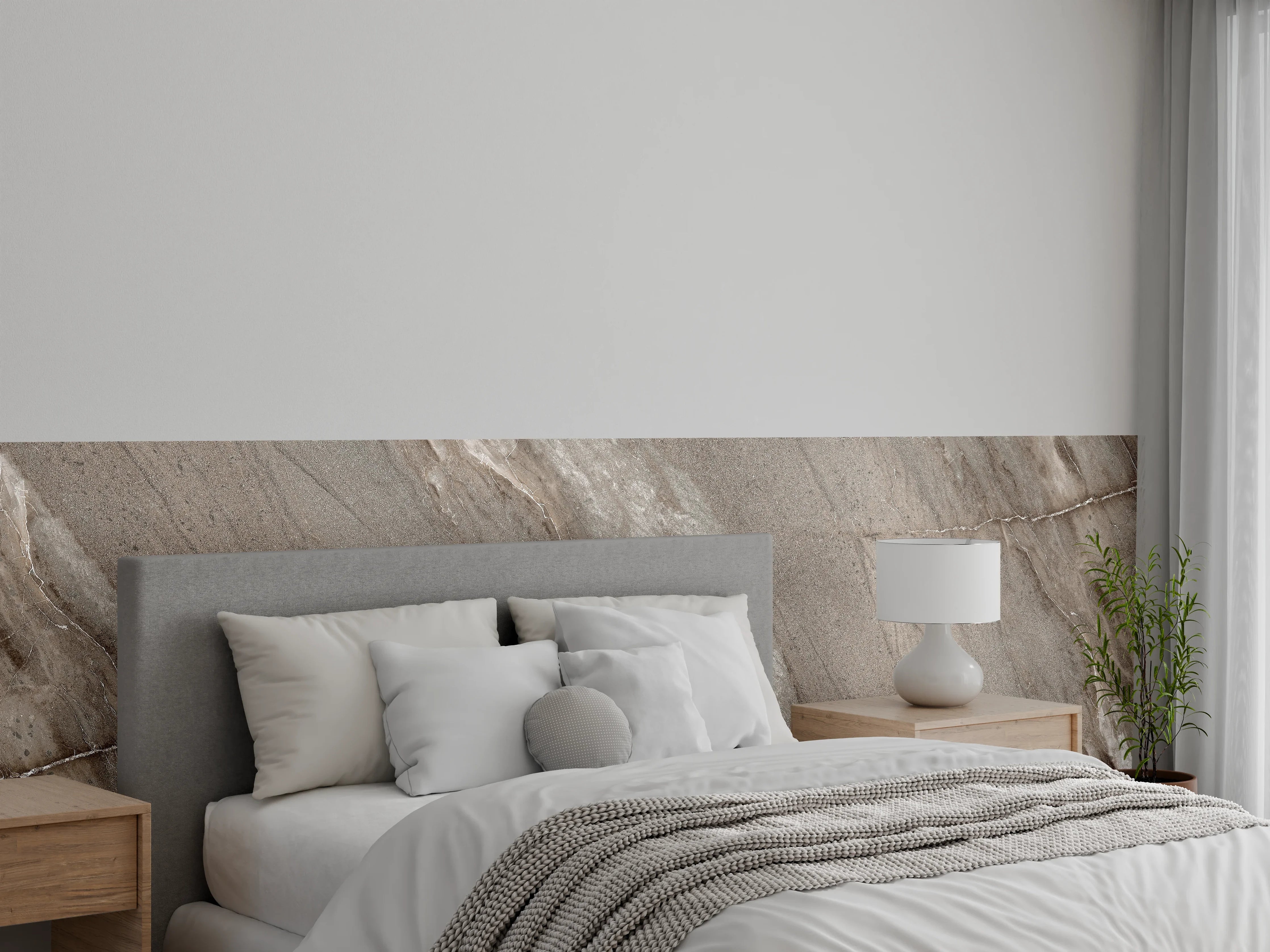 Wandverkleidung Schlafzimmer - Eleganter Marmor-Look in Grau-Beige Tönen