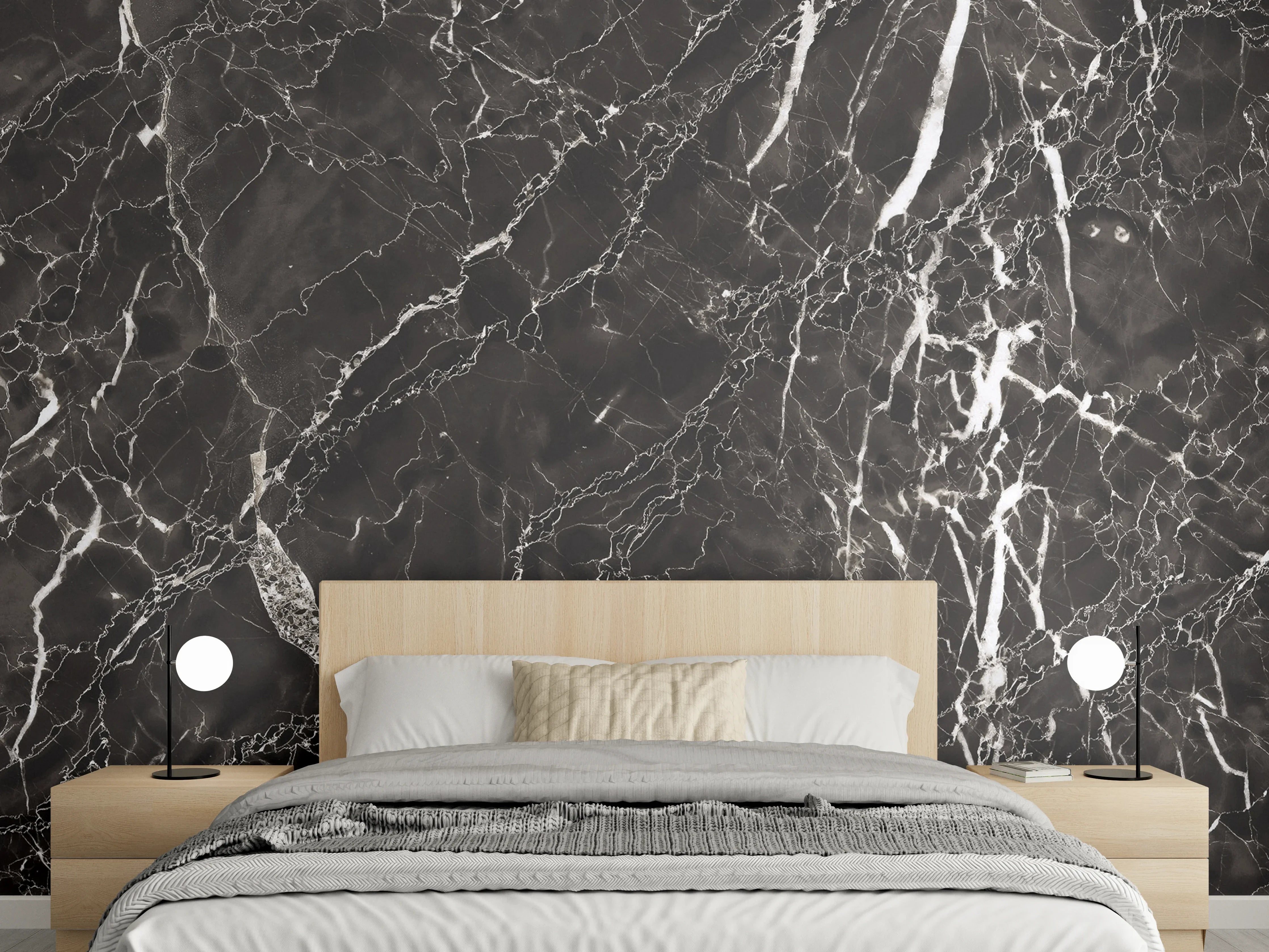 Wandverkleidung Schlafzimmer - Eleganter schwarzer Marmor mit weißen Adern