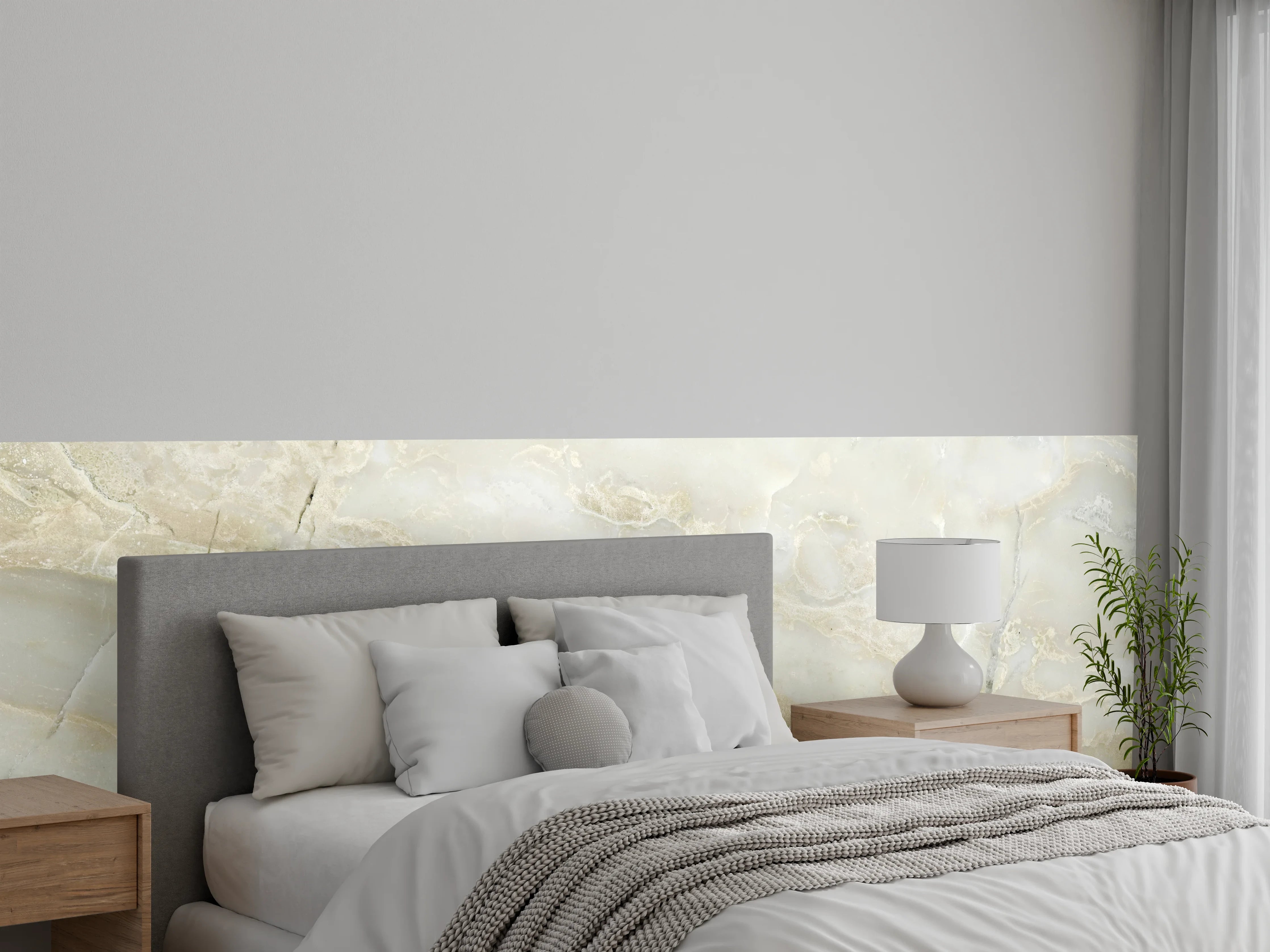 Wandverkleidung Schlafzimmer - Eleganter weiß-beiger Marmor-Look
