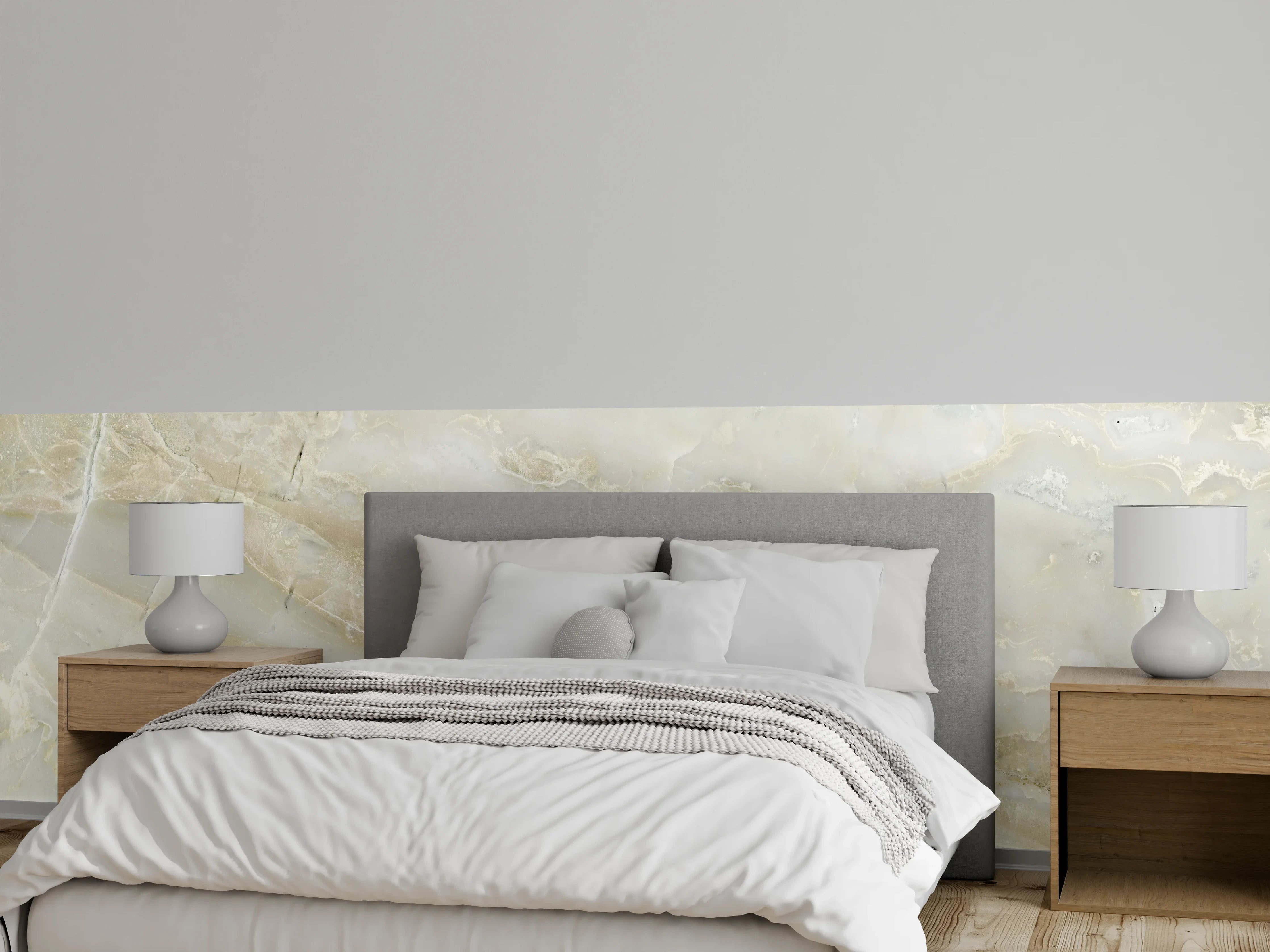 Wandverkleidung Schlafzimmer - Eleganter weiß-beiger Marmor-Look