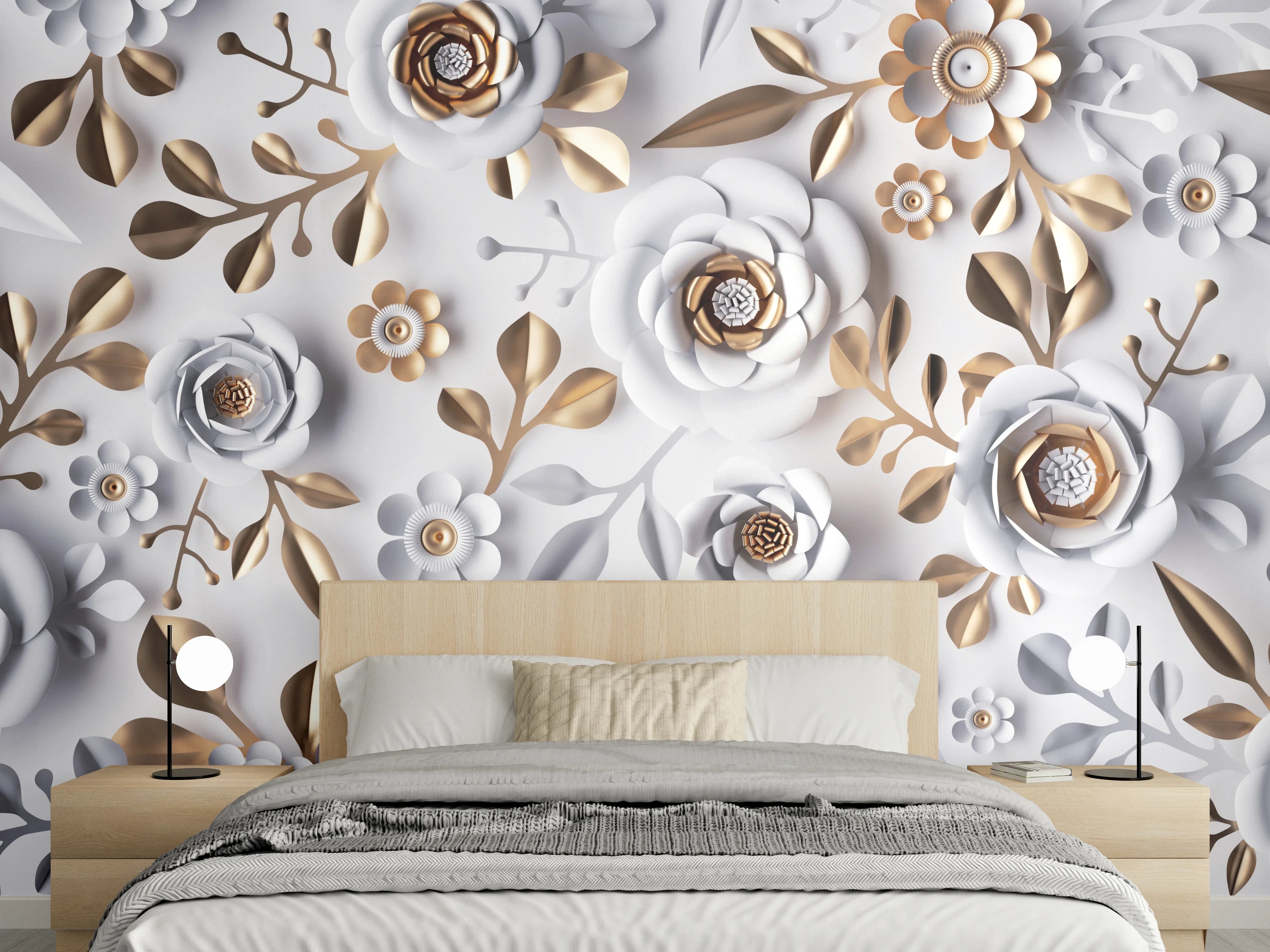 Wandverkleidung Schlafzimmer - Elegantes 3D-Blumenmuster in Weiß und Gold