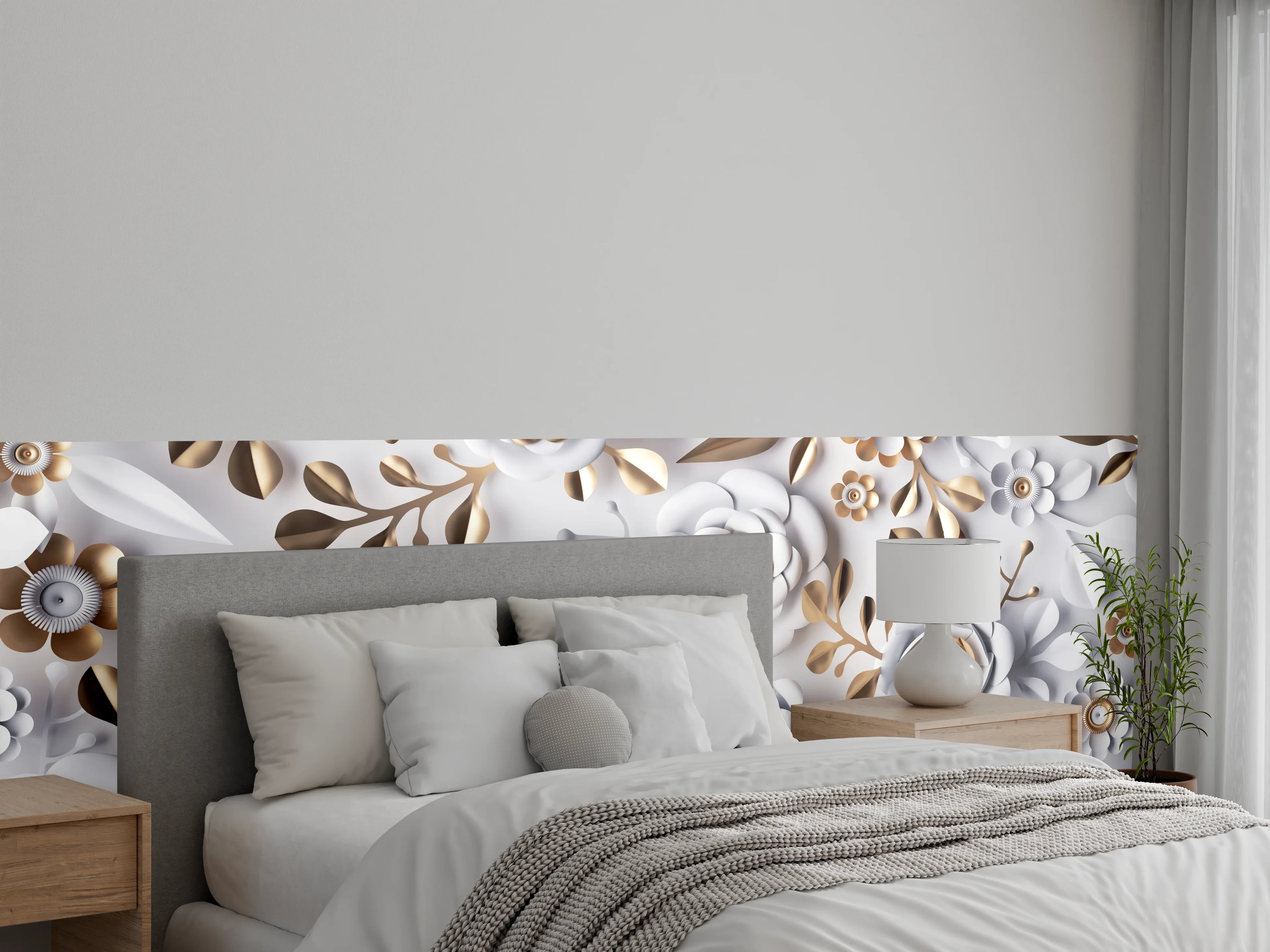 Wandverkleidung Schlafzimmer - Elegantes 3D-Blumenmuster in Weiß und Gold