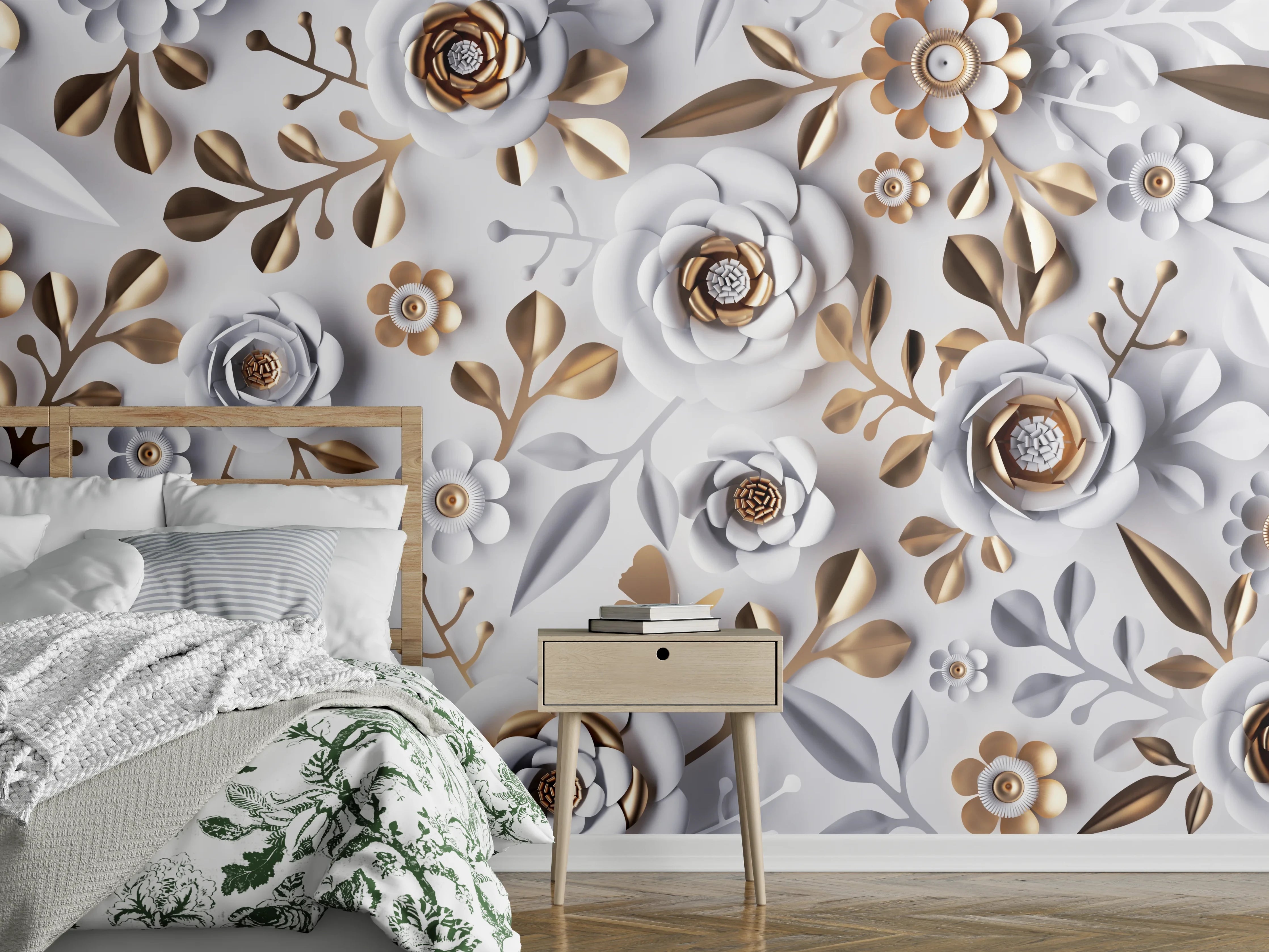 Wandverkleidung Schlafzimmer - Elegantes 3D-Blumenmuster in Weiß und Gold