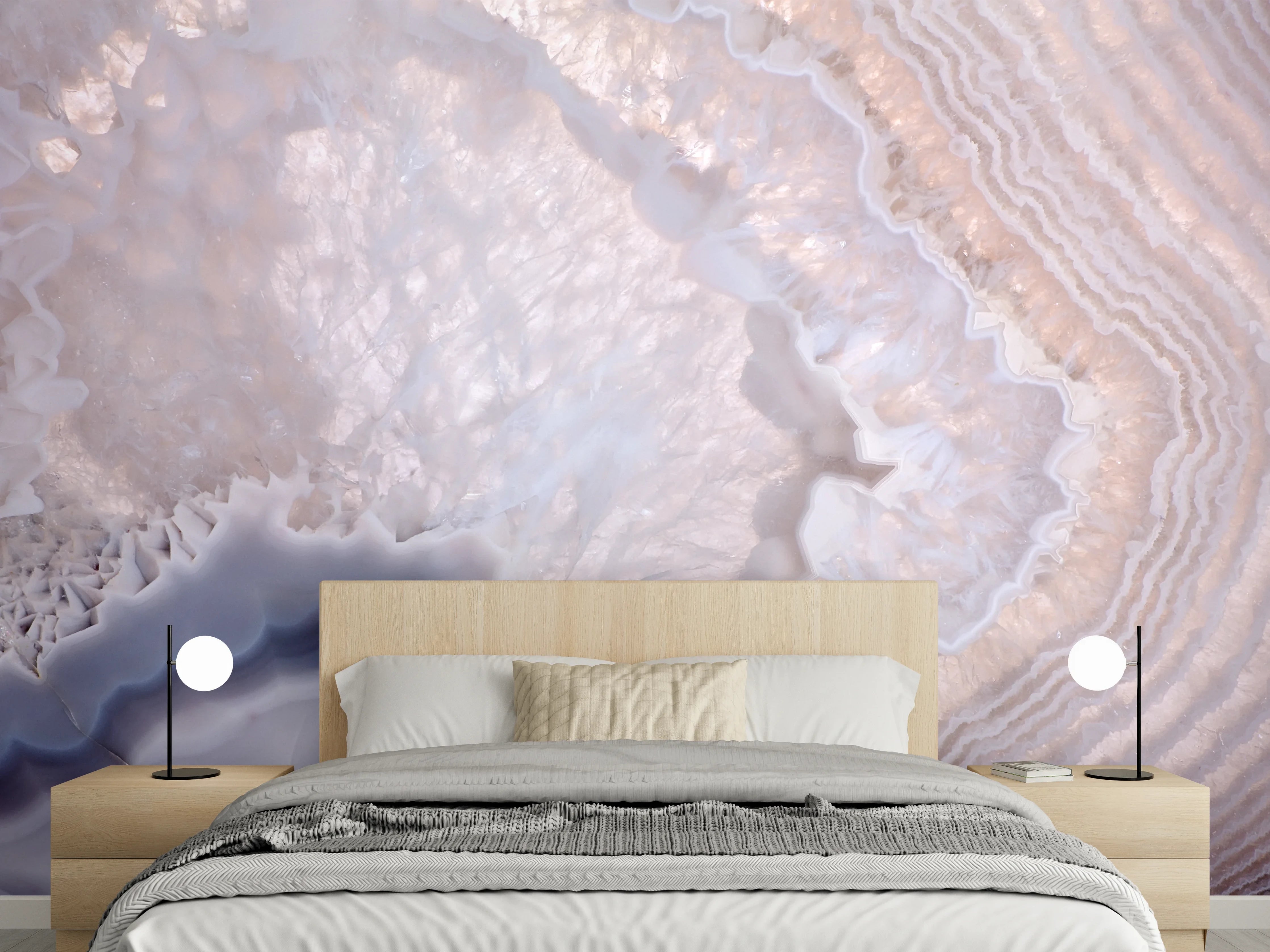 Wandverkleidung Schlafzimmer - Elegantes Achat-Muster in Weiß-Grau