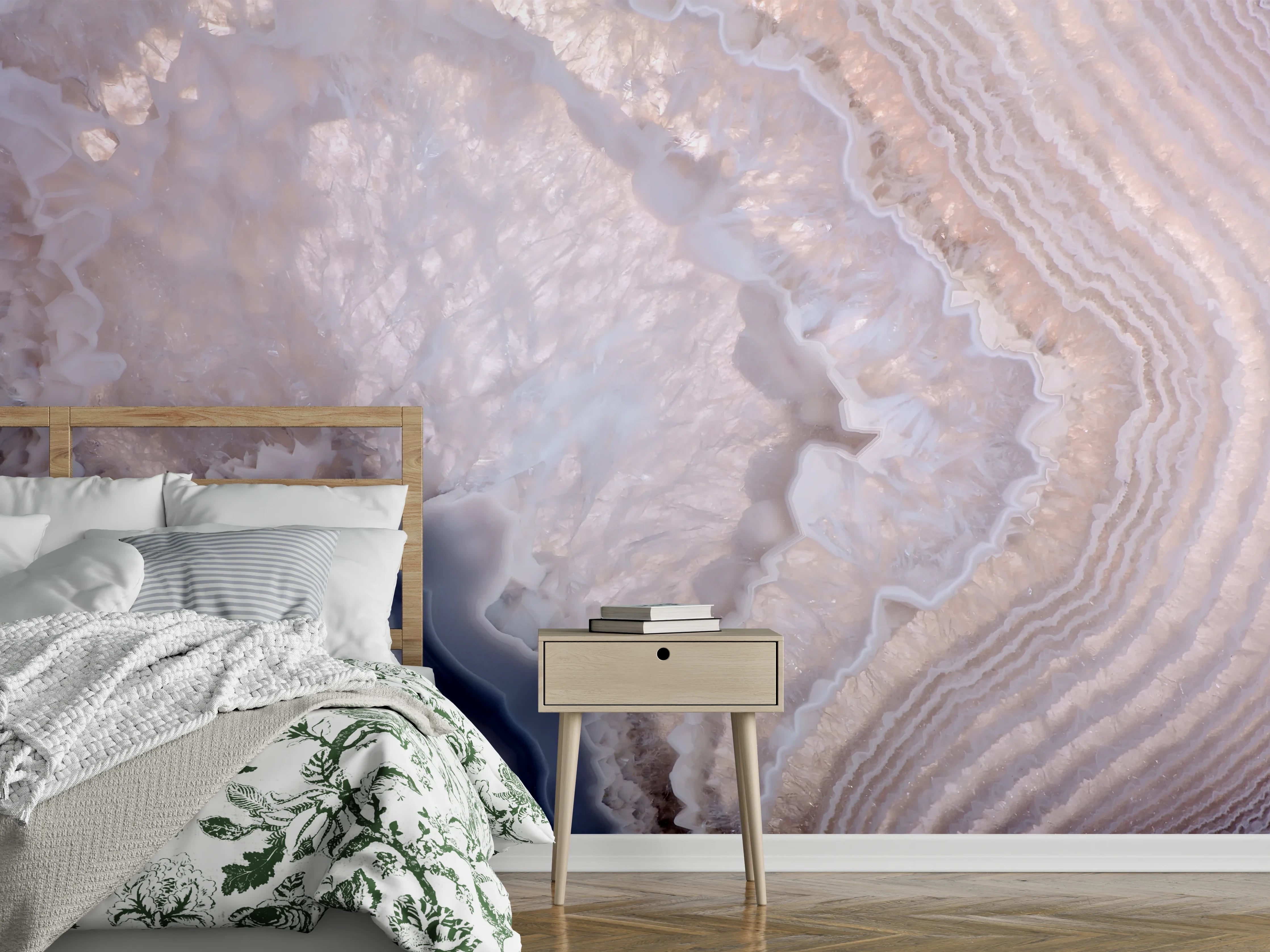 Wandverkleidung Schlafzimmer - Elegantes Achat-Muster in Weiß-Grau