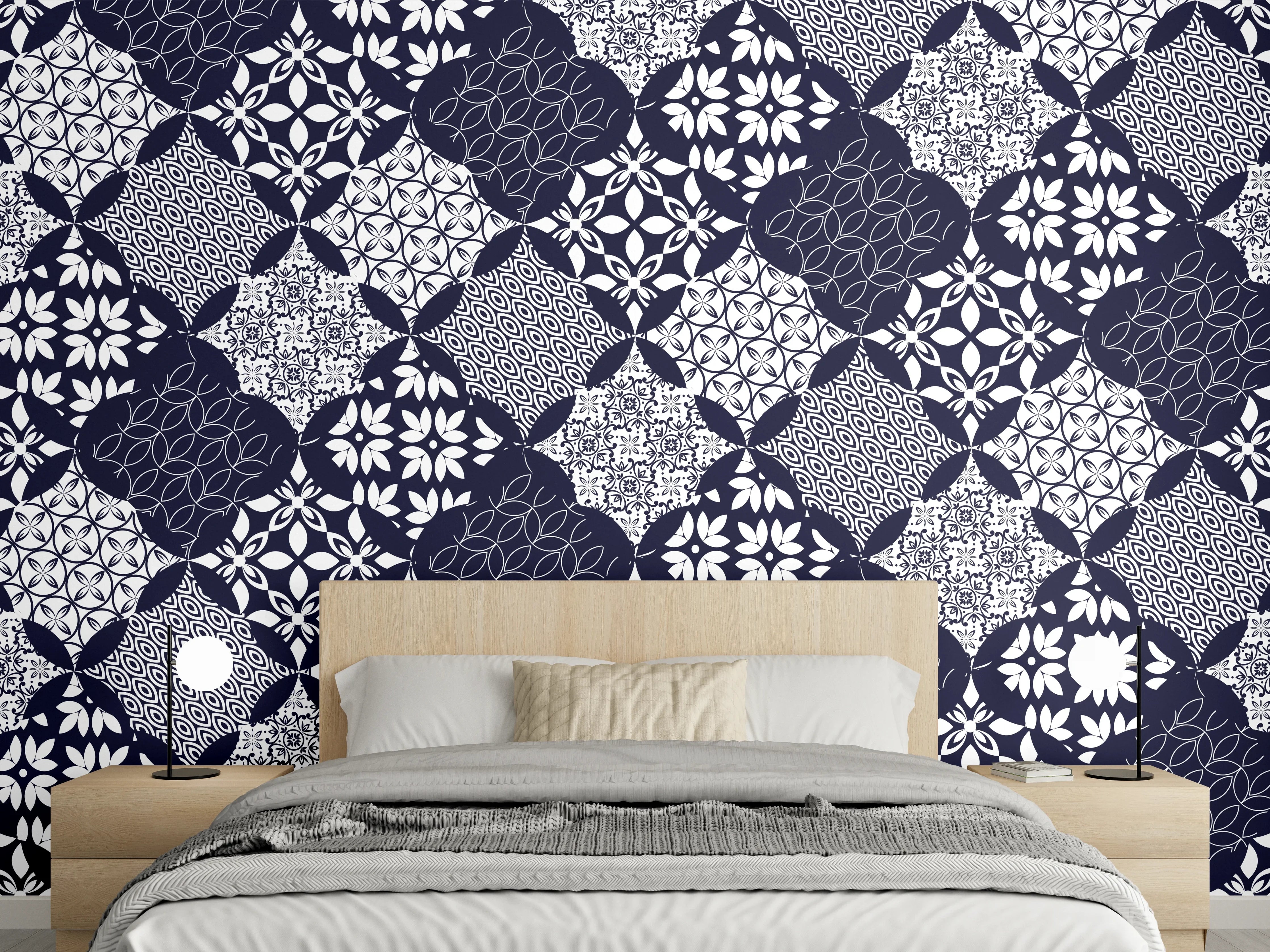 Wandverkleidung Schlafzimmer - Elegantes Blau-Weiß-Grau Muster