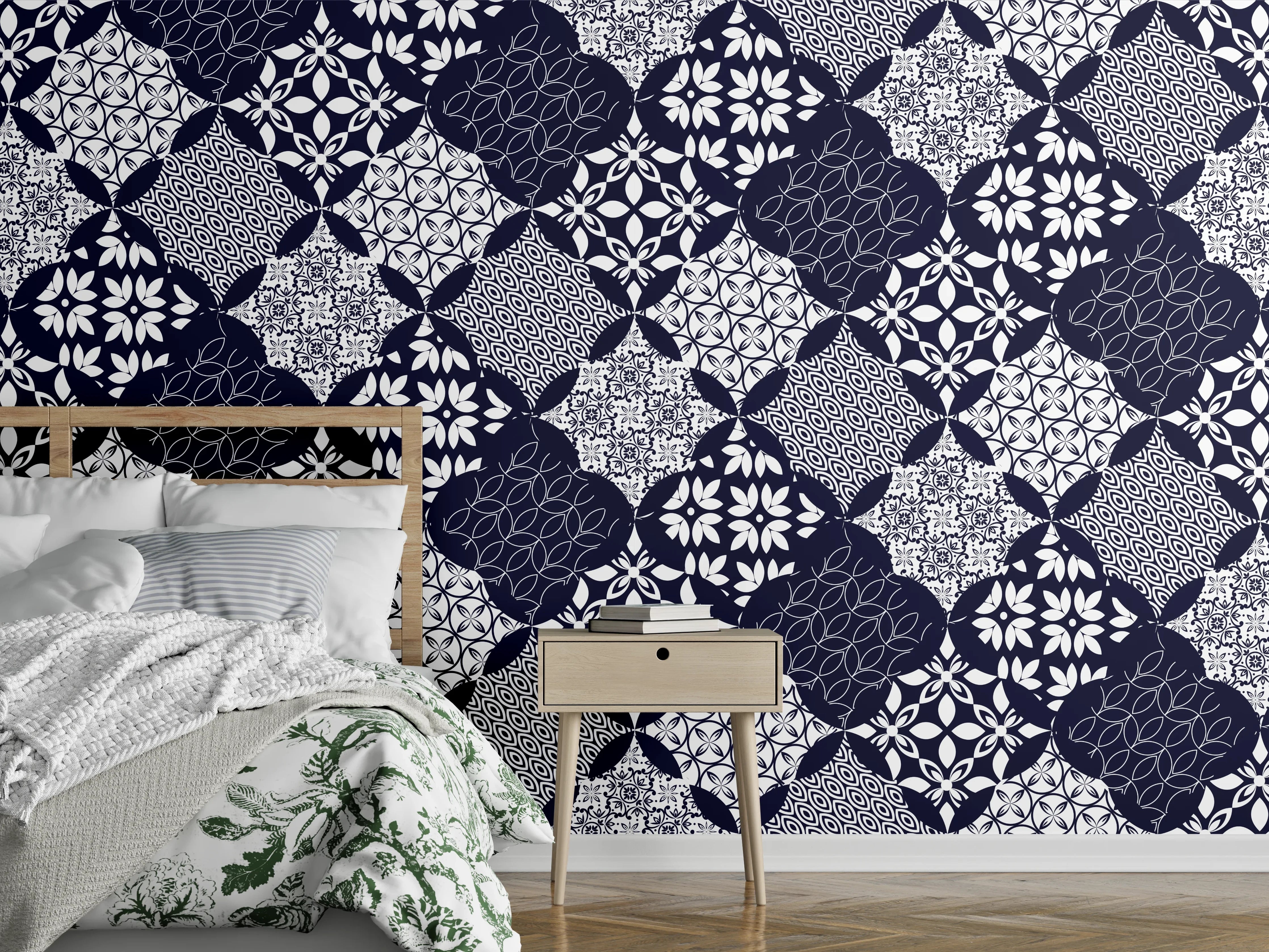 Wandverkleidung Schlafzimmer - Elegantes Blau-Weiß-Grau Muster