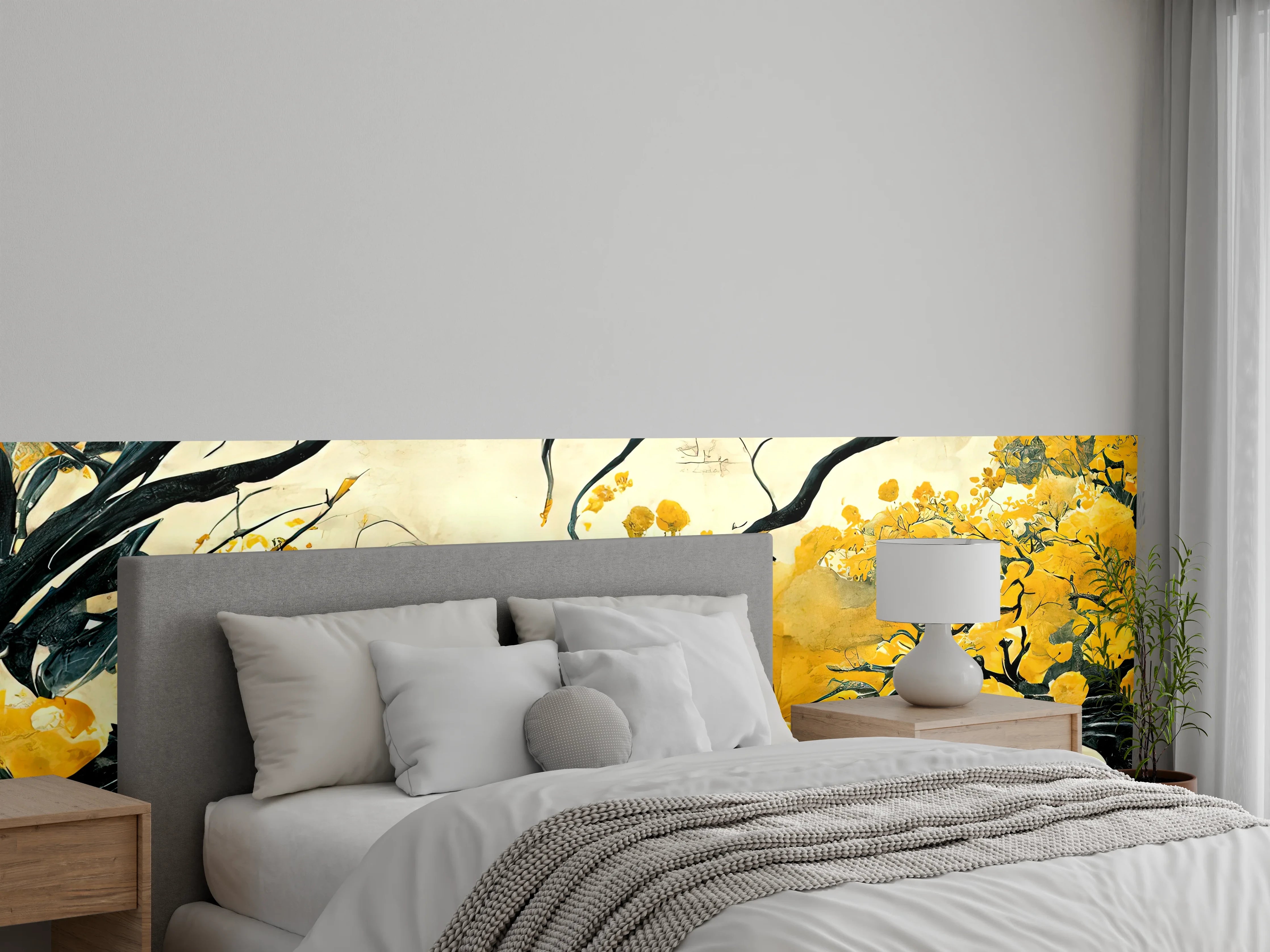 Wandverkleidung Schlafzimmer - Elegantes Blüten-Aquarell Gelb Schwarz