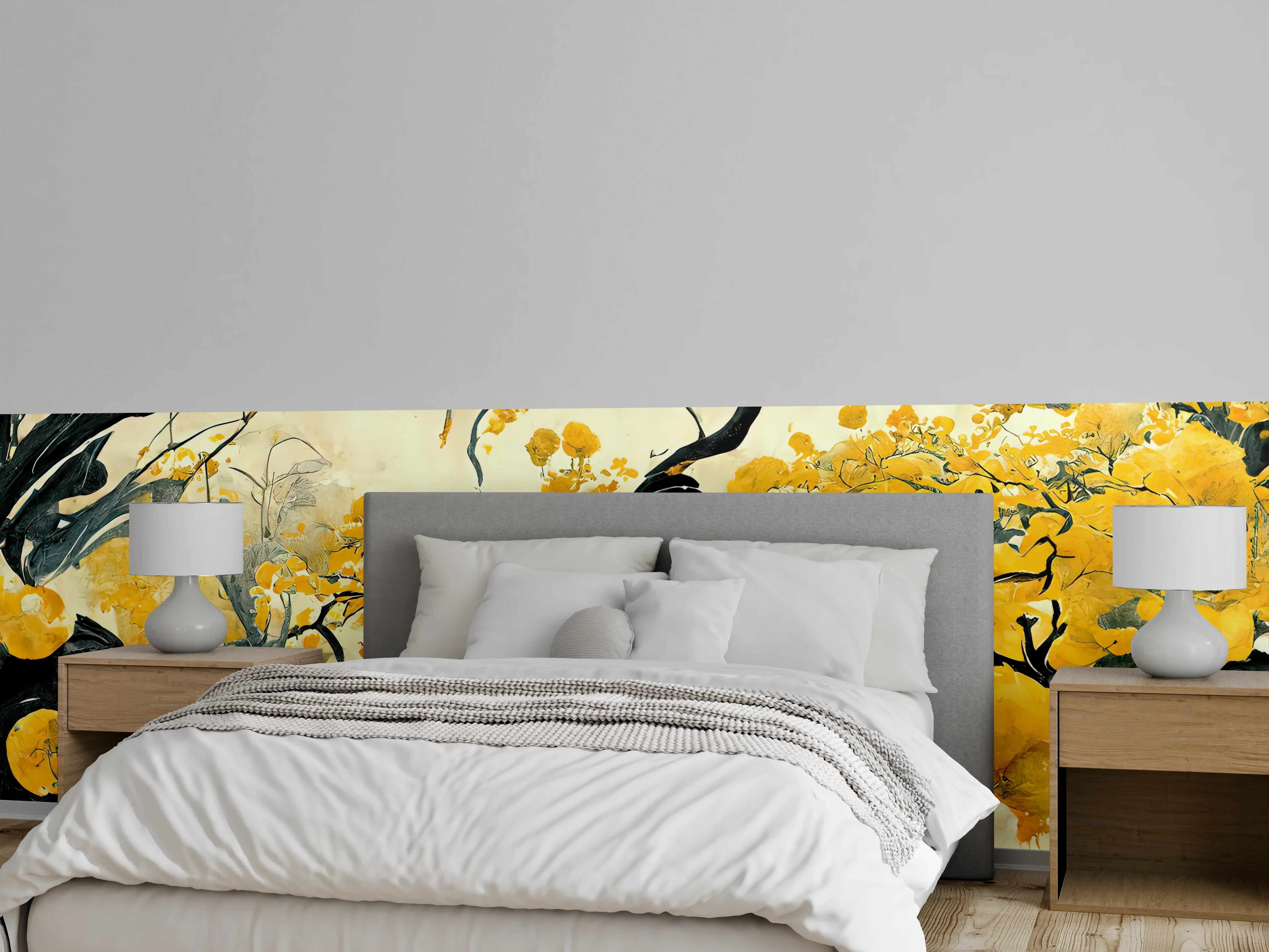 Wandverkleidung Schlafzimmer - Elegantes Blüten-Aquarell Gelb Schwarz