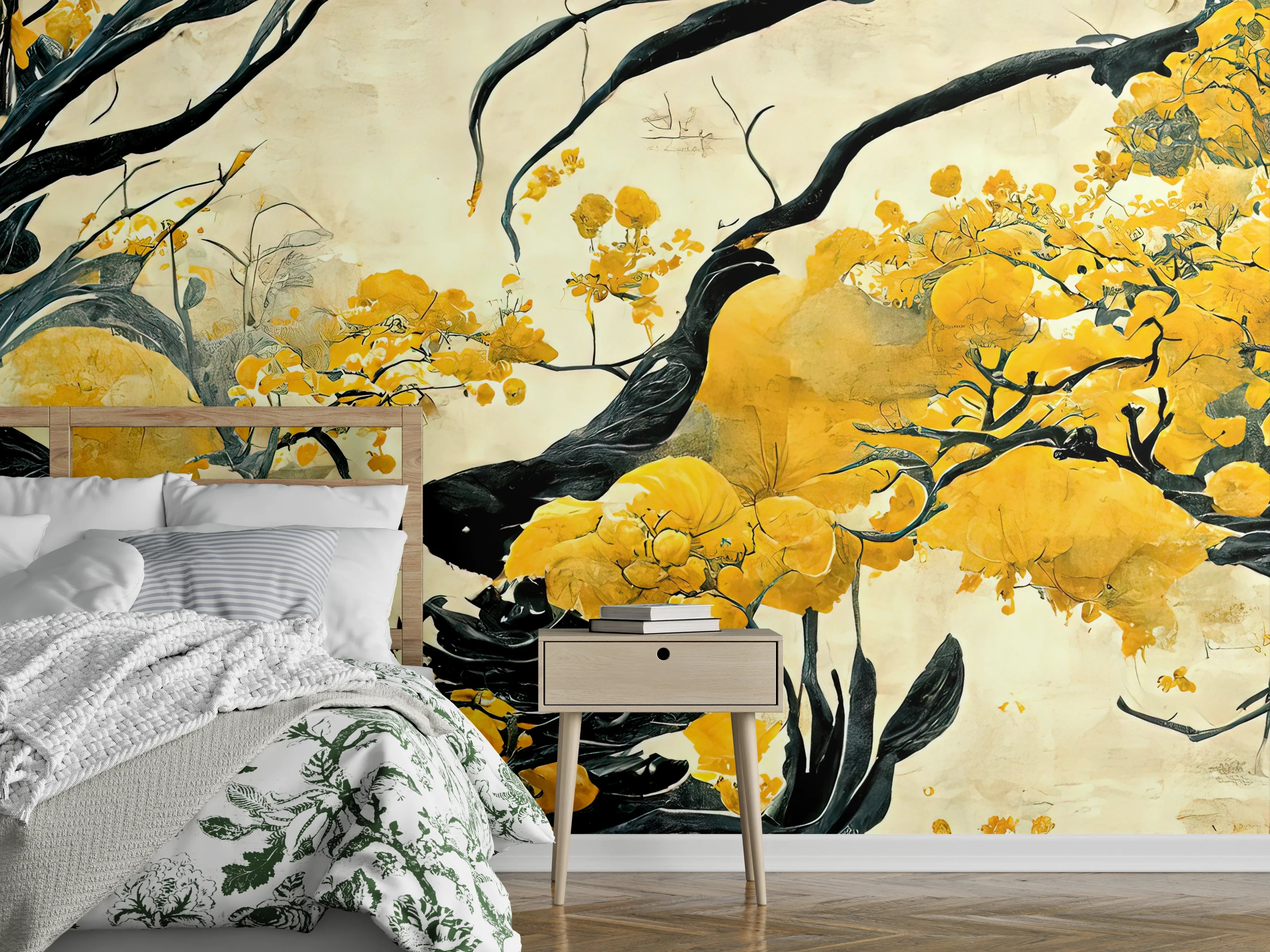 Wandverkleidung Schlafzimmer - Elegantes Blüten-Aquarell Gelb Schwarz