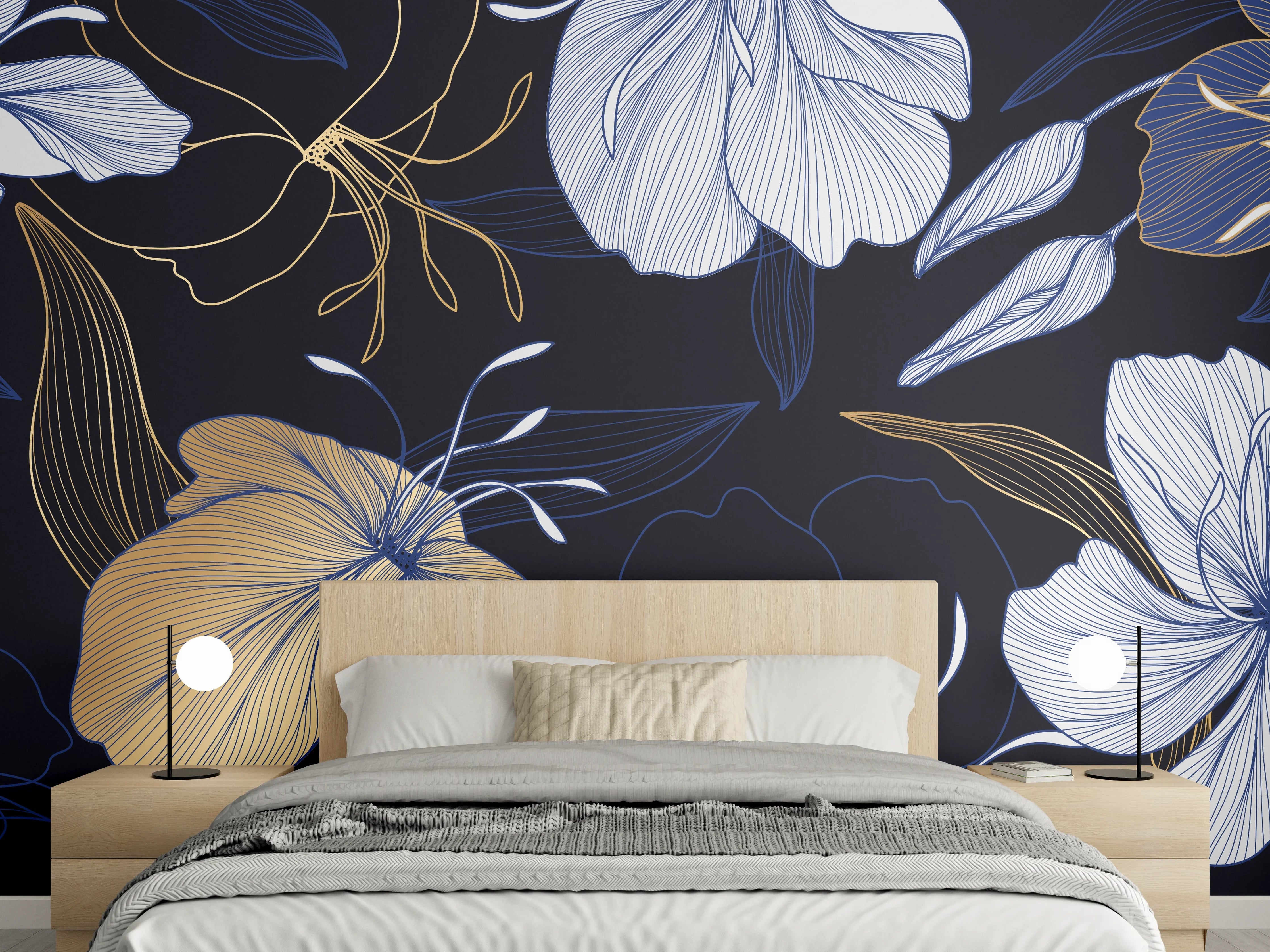 Wandverkleidung Schlafzimmer - Elegantes Blumen-Muster Dunkelblau