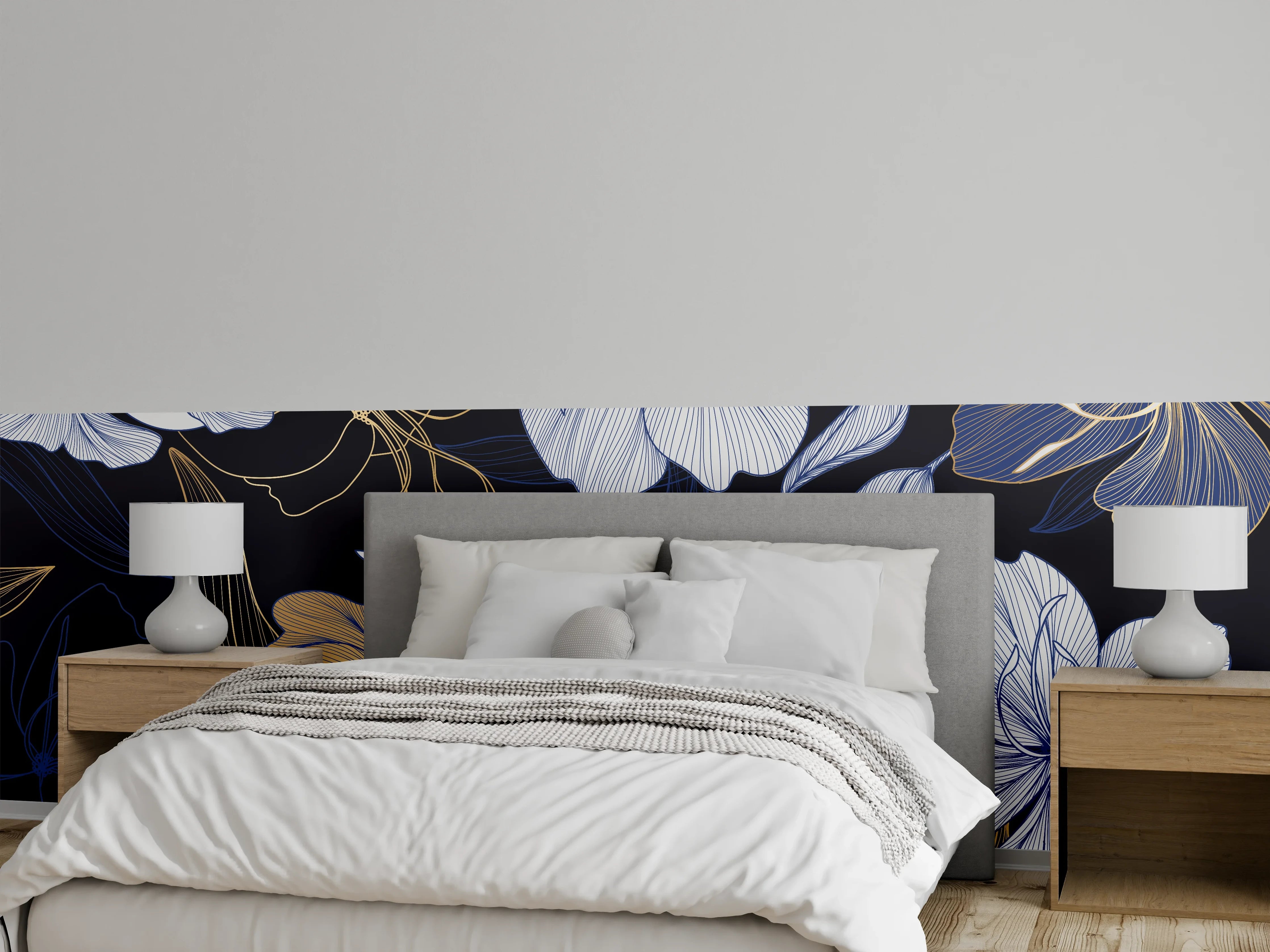 Wandverkleidung Schlafzimmer - Elegantes Blumen-Muster Dunkelblau