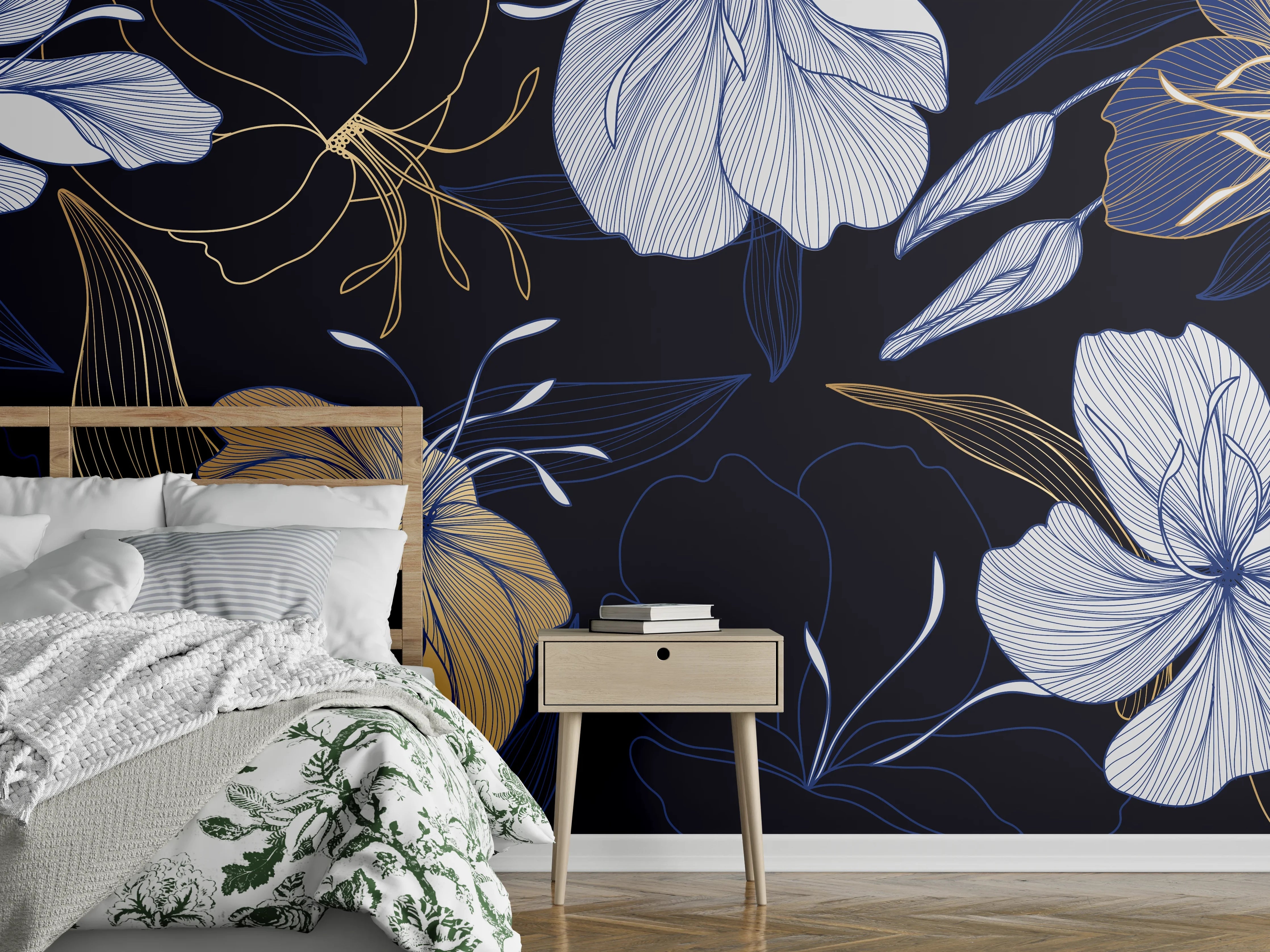 Wandverkleidung Schlafzimmer - Elegantes Blumen-Muster Dunkelblau