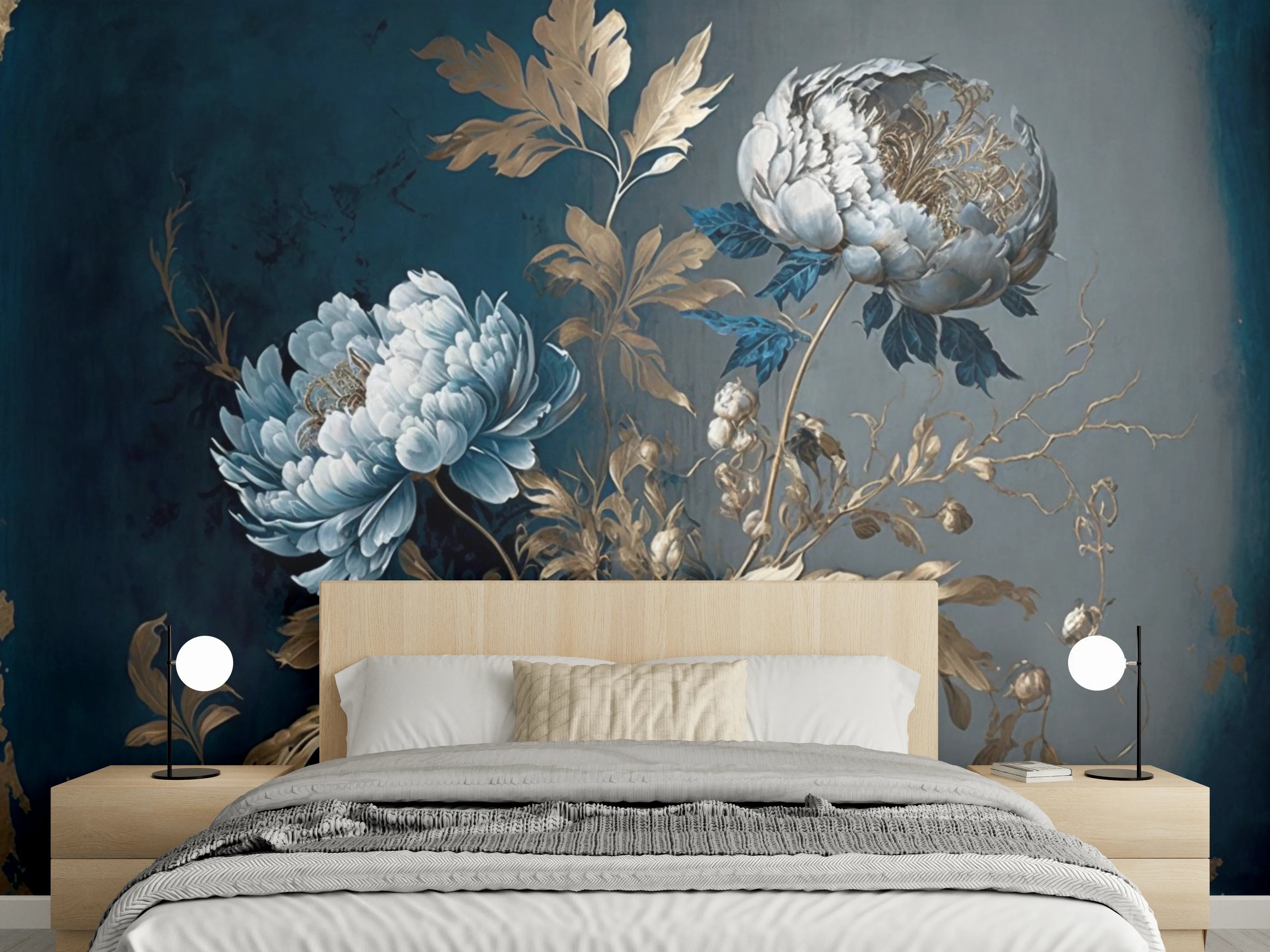 Wandverkleidung Schlafzimmer - Elegantes Blumenmotiv Blau Gold Gemälde