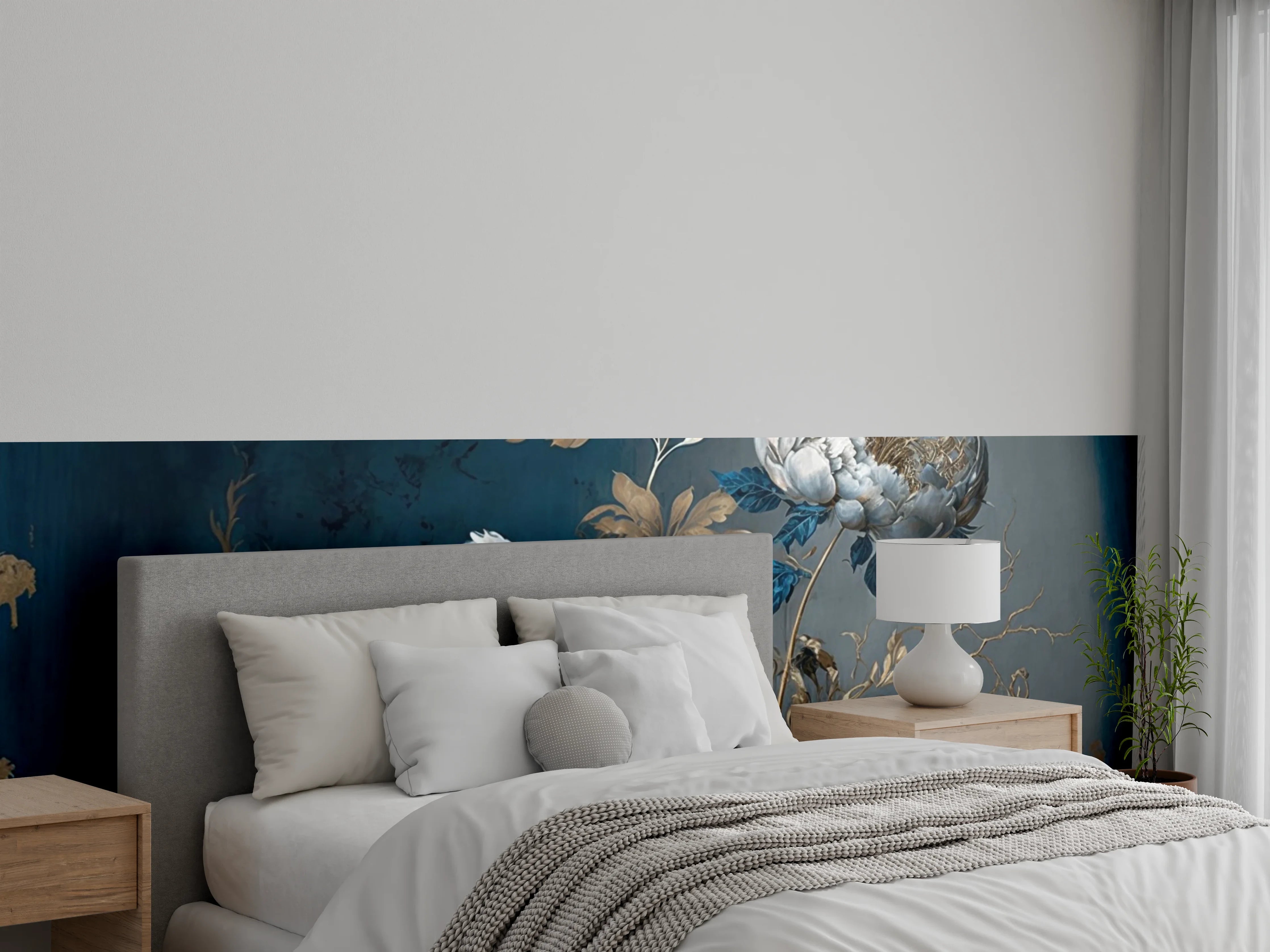 Wandverkleidung Schlafzimmer - Elegantes Blumenmotiv Blau Gold Gemälde