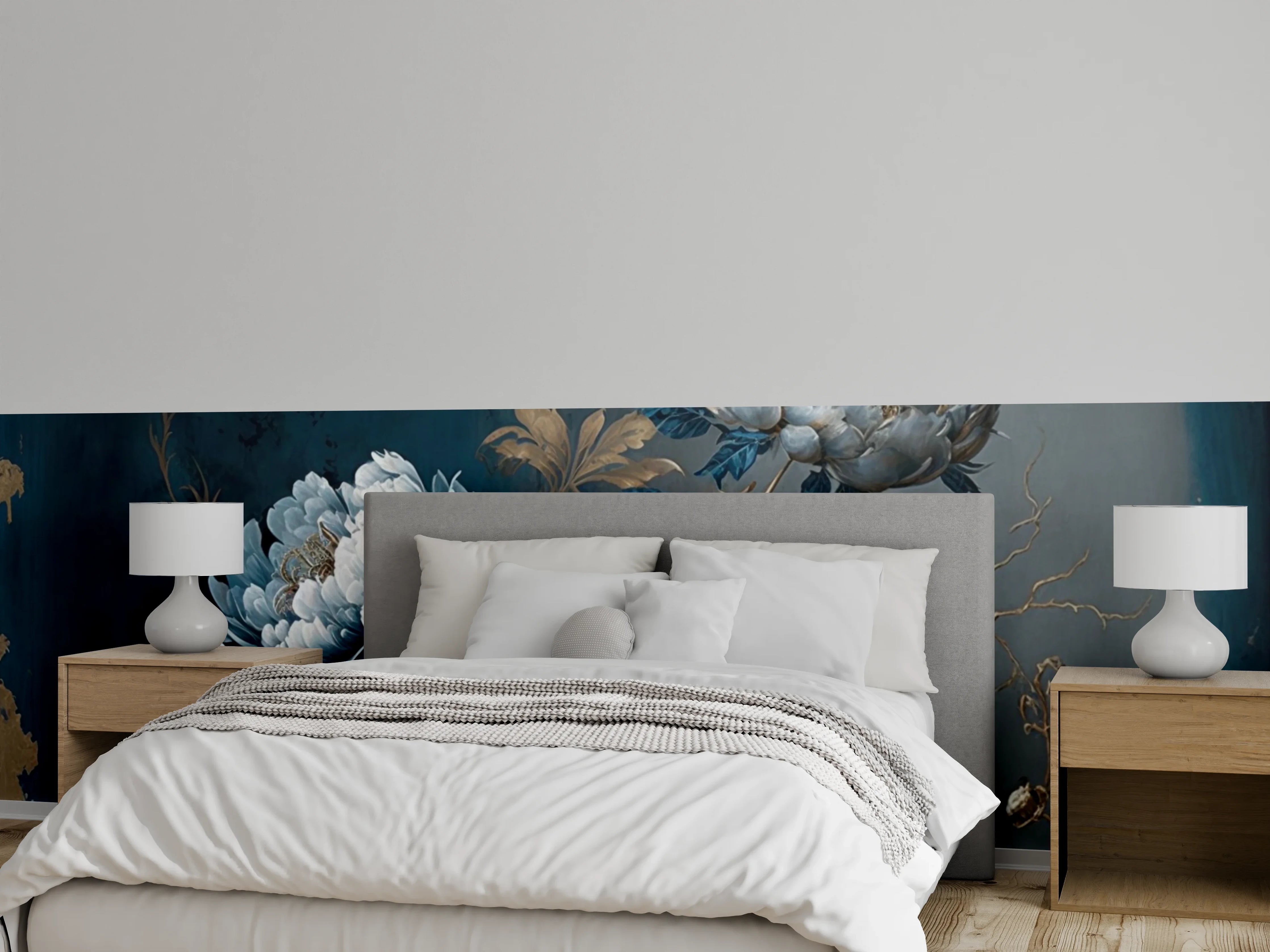 Wandverkleidung Schlafzimmer - Elegantes Blumenmotiv Blau Gold Gemälde