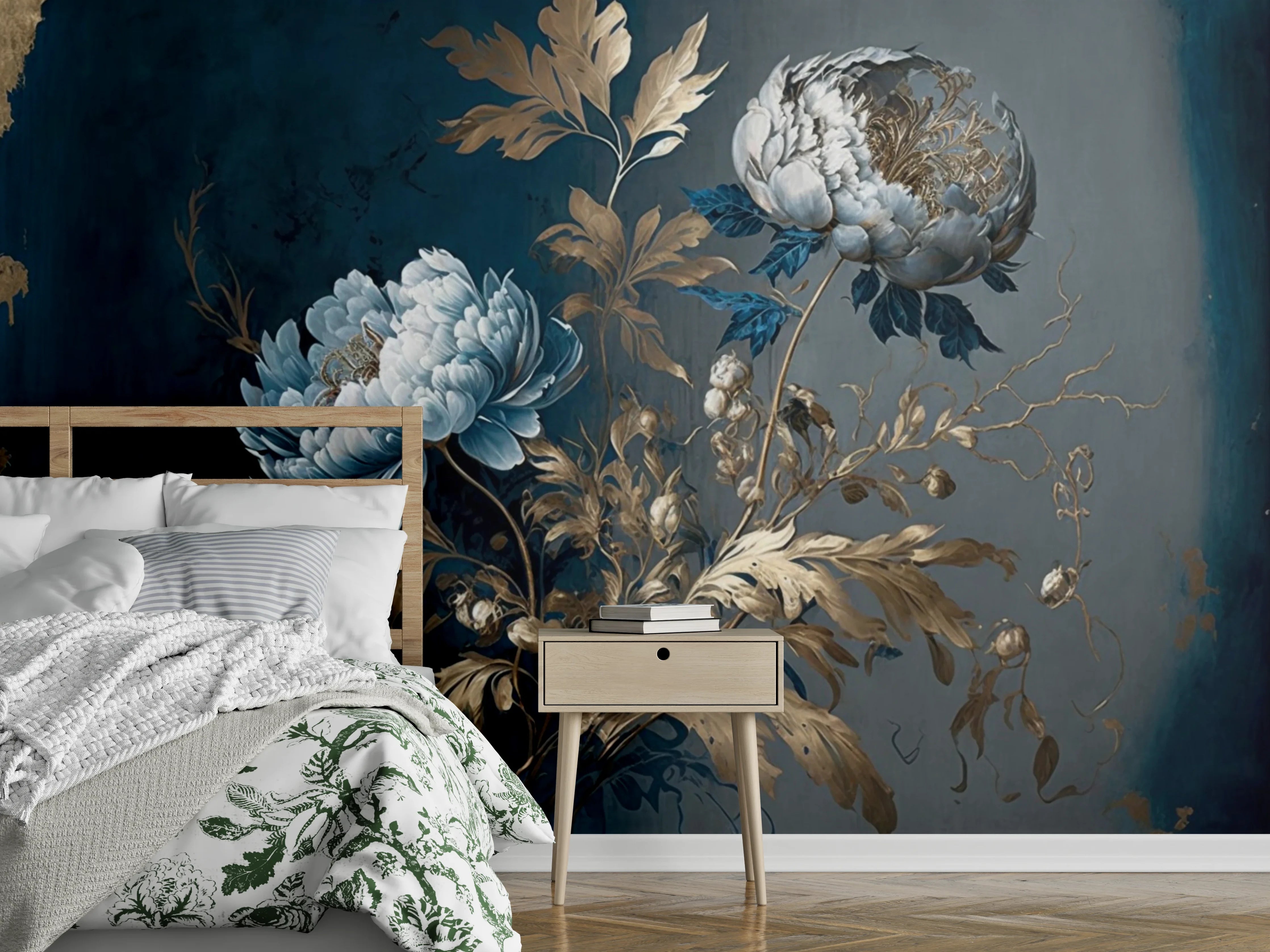 Wandverkleidung Schlafzimmer - Elegantes Blumenmotiv Blau Gold Gemälde