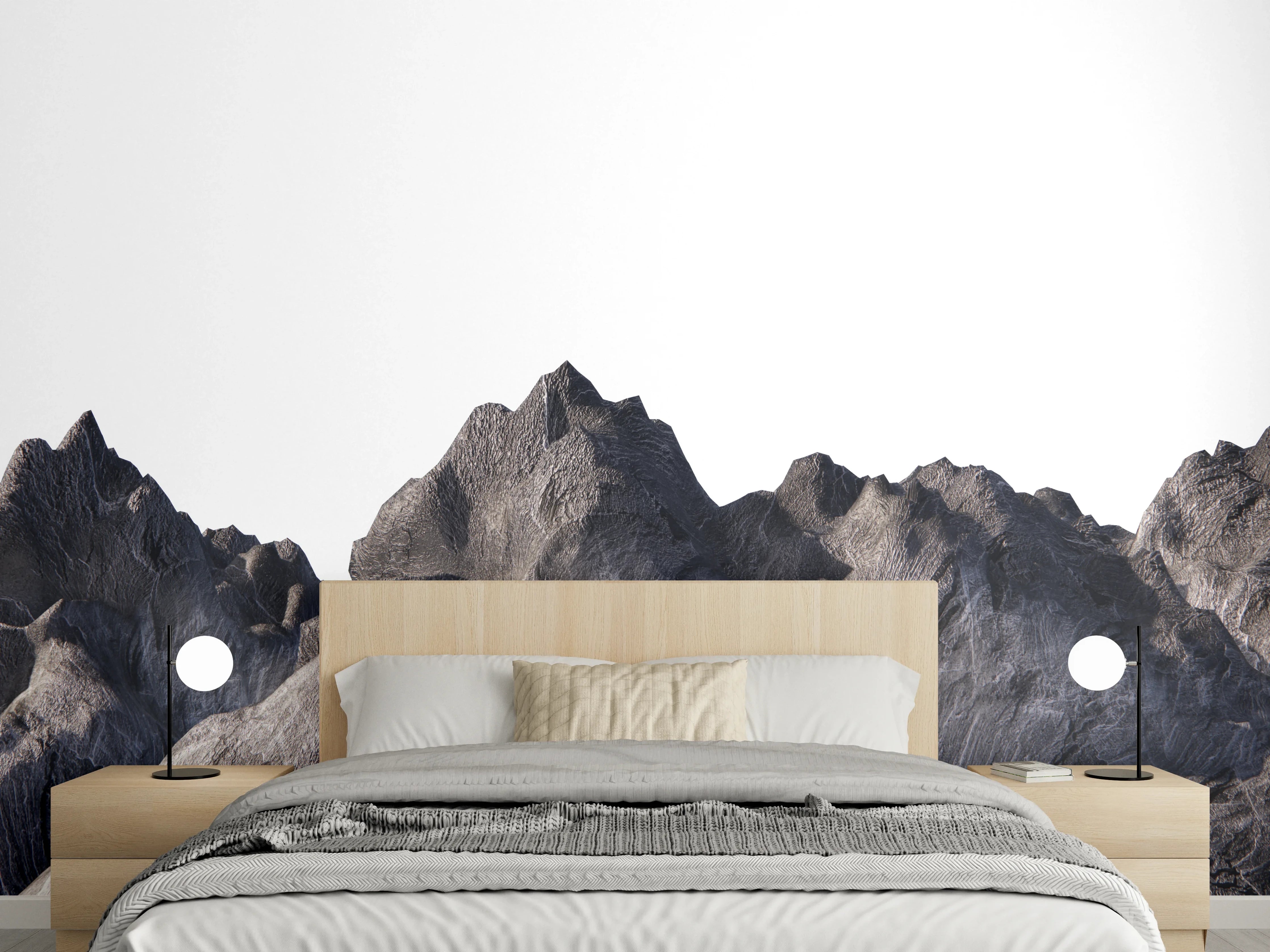 Wandverkleidung Schlafzimmer - Elegantes Gebirgsmotiv in Grau und Weiß