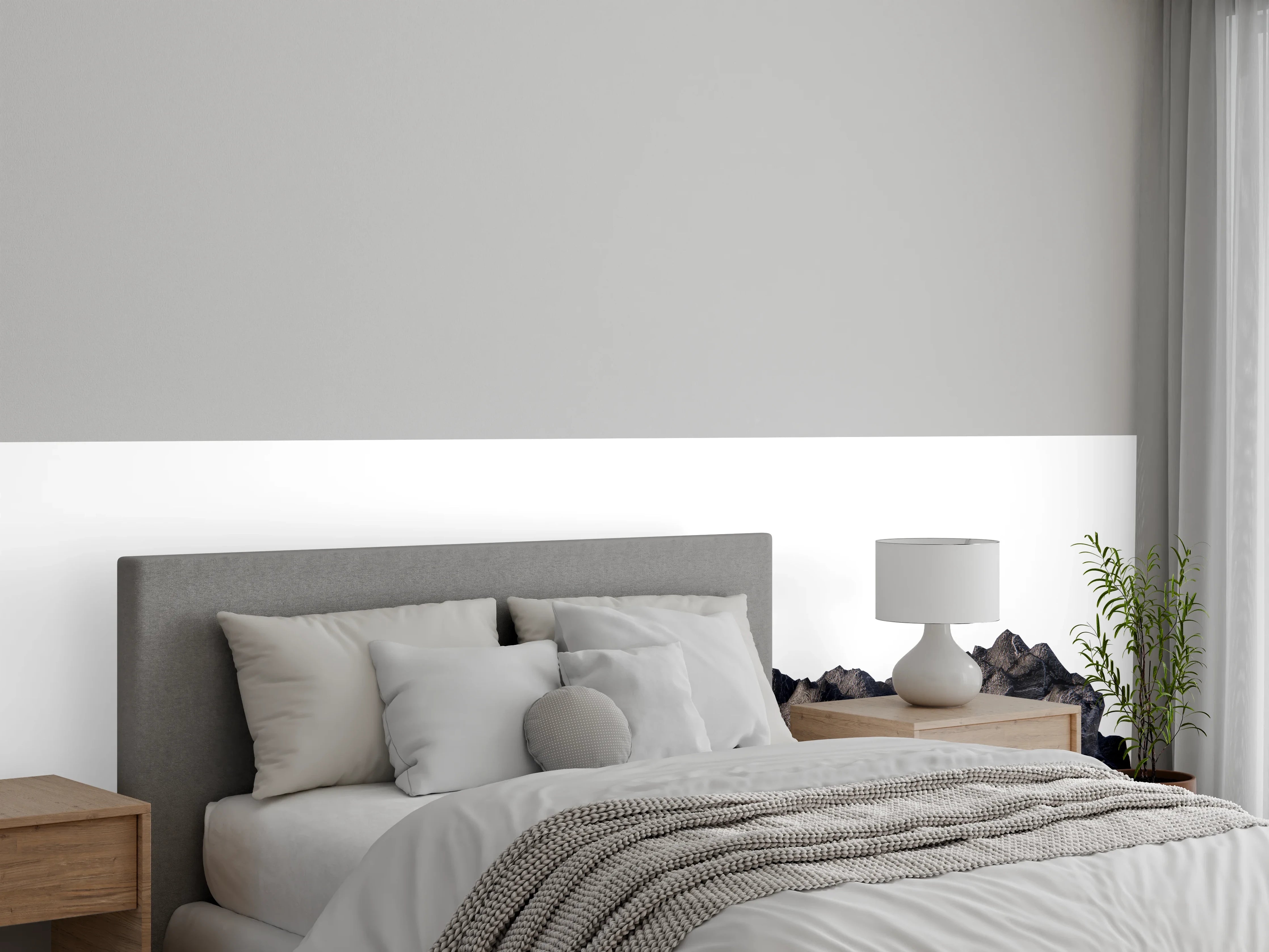 Wandverkleidung Schlafzimmer - Elegantes Gebirgsmotiv in Grau und Weiß