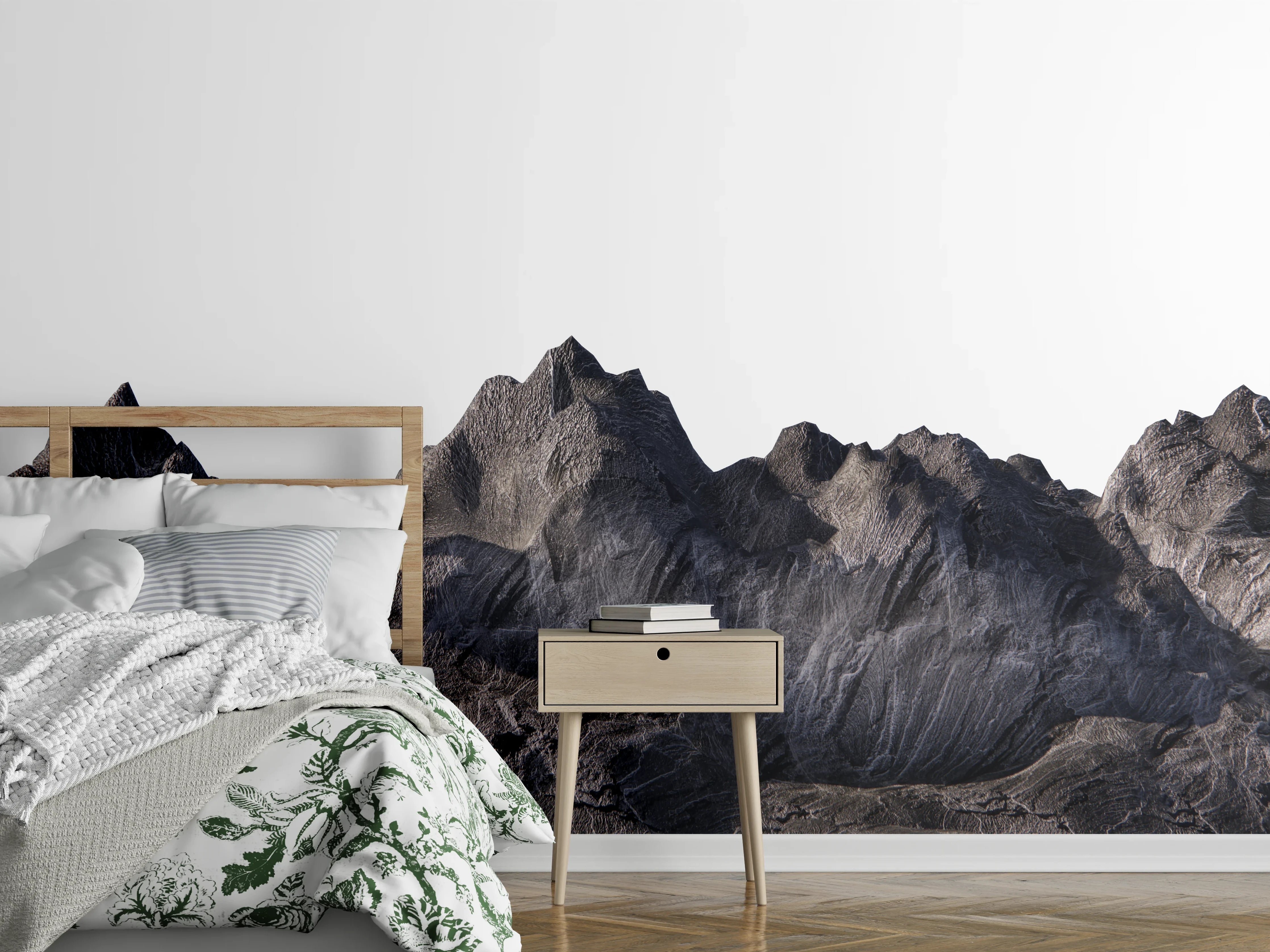 Wandverkleidung Schlafzimmer - Elegantes Gebirgsmotiv in Grau und Weiß