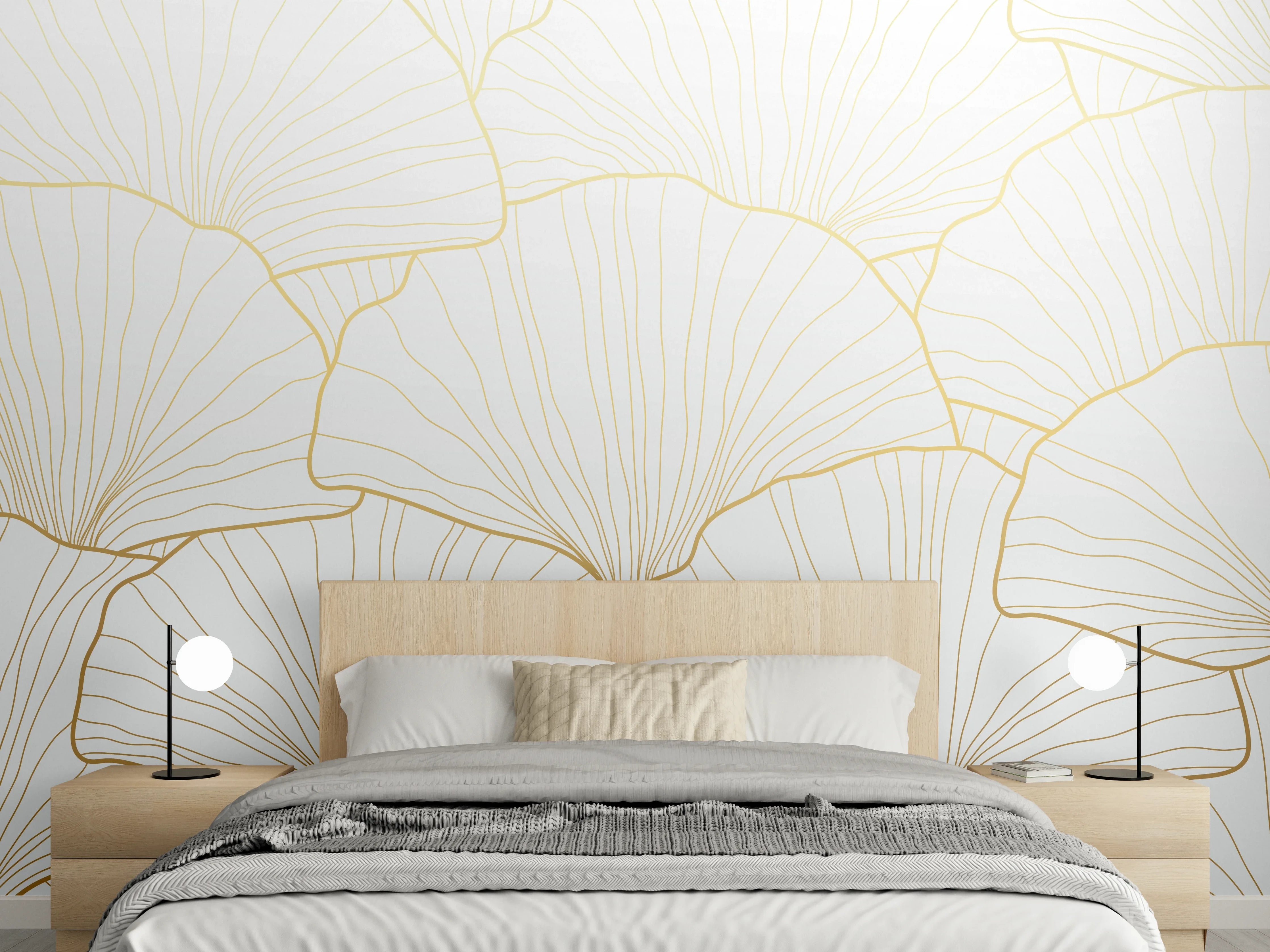 Wandverkleidung Schlafzimmer - Elegantes Ginkgo-Blatt Design Weiß-Gold
