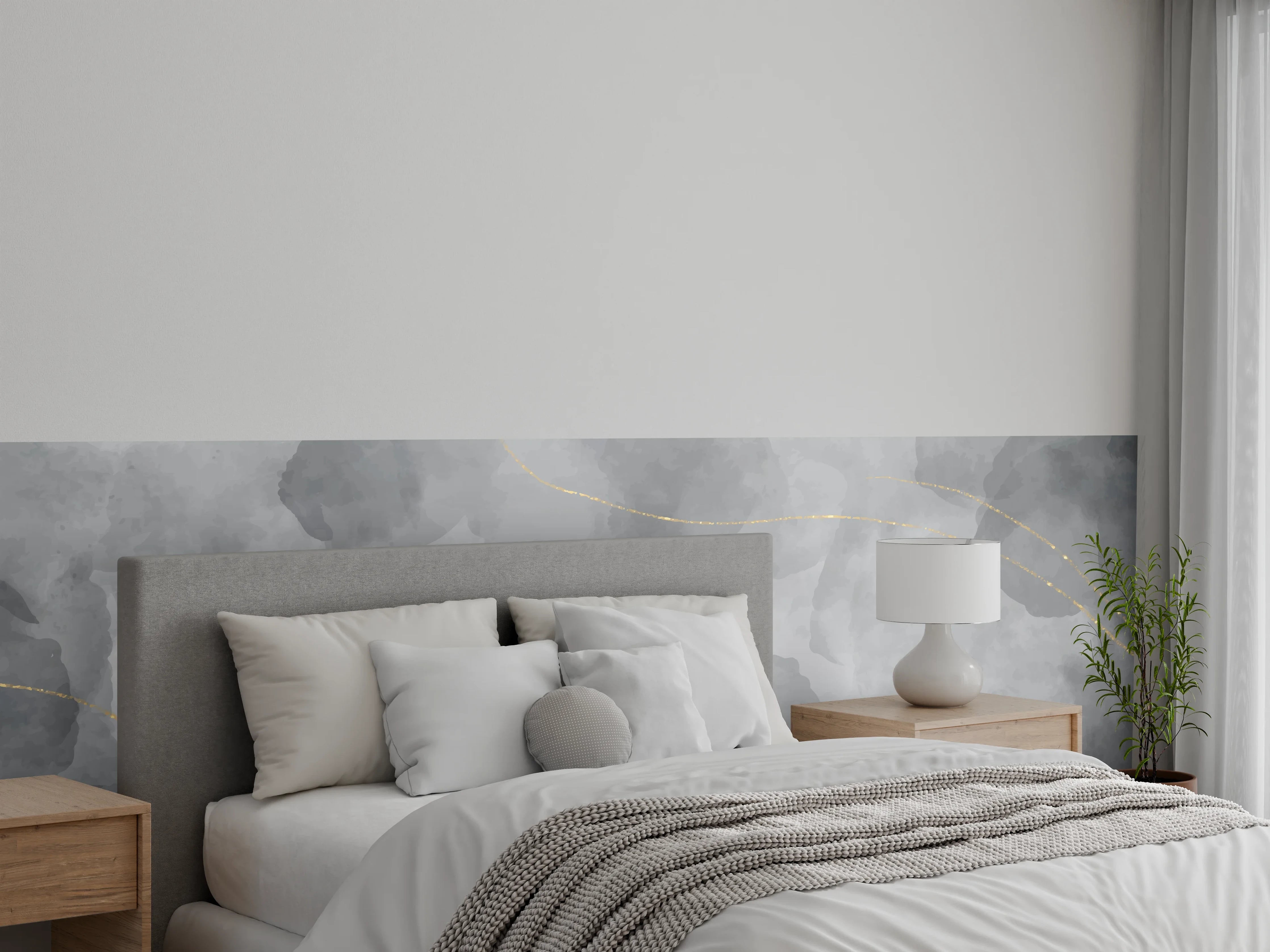 Wandverkleidung Schlafzimmer - Elegantes Grau-Weiß Aquarell mit Goldlinien