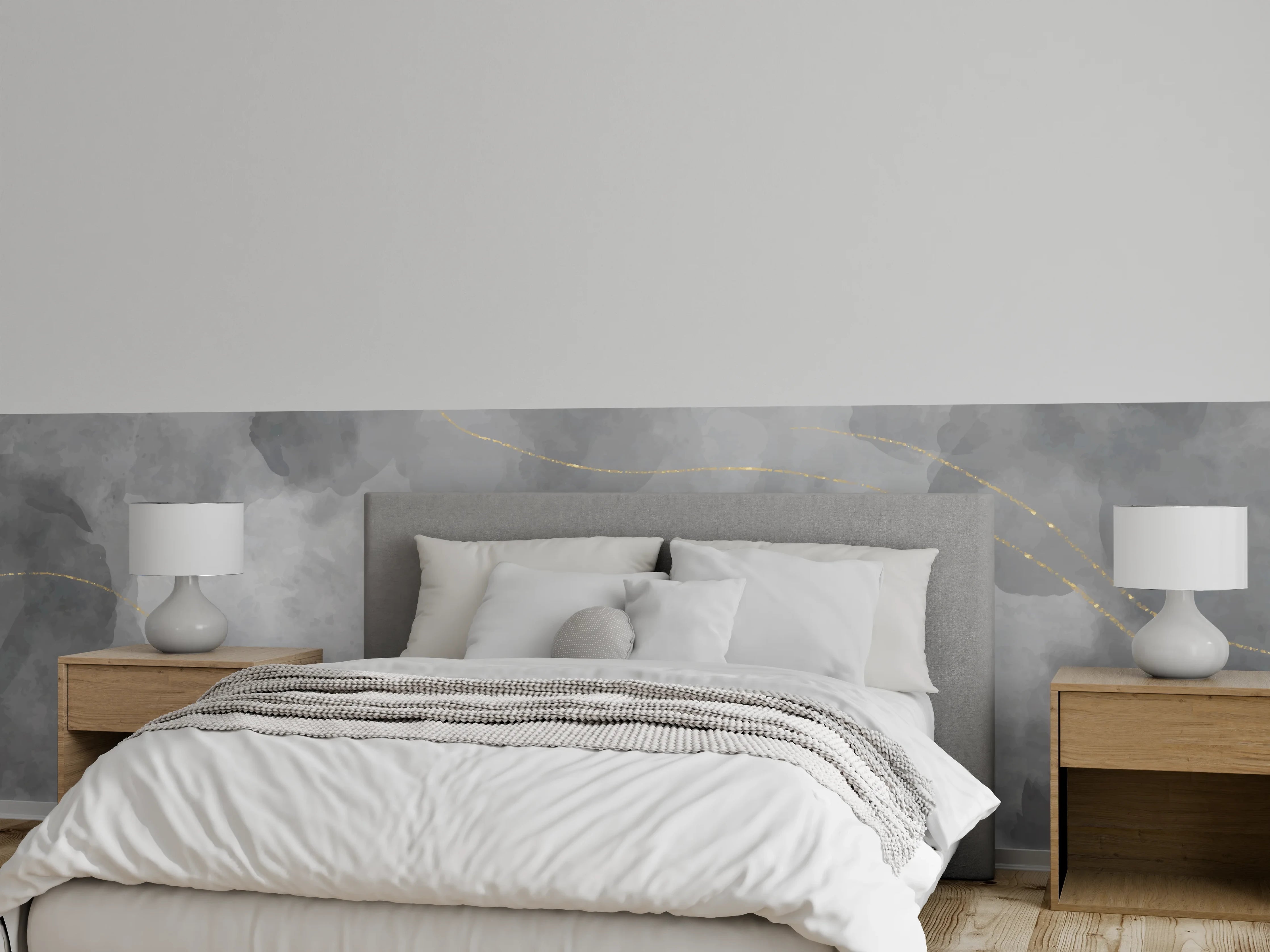 Wandverkleidung Schlafzimmer - Elegantes Grau-Weiß Aquarell mit Goldlinien